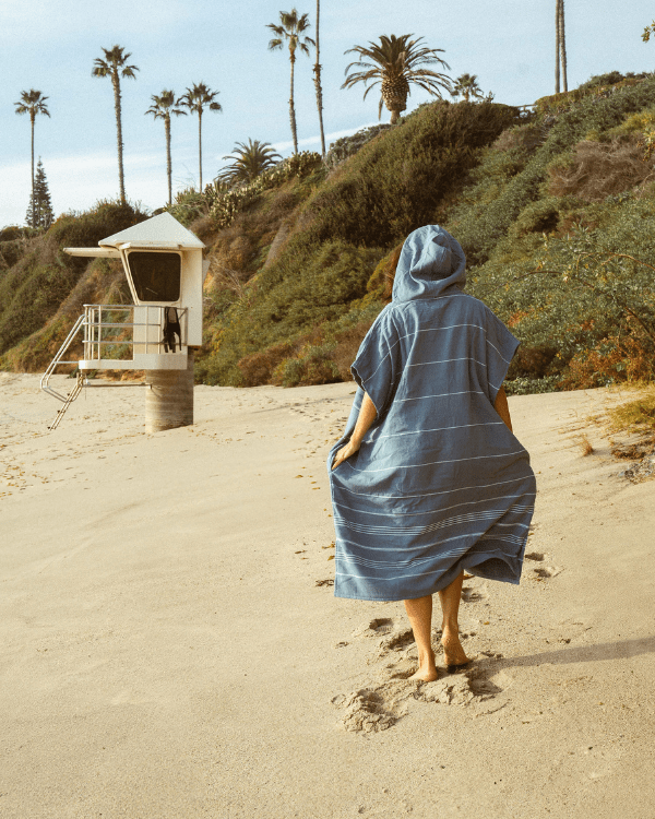 Classic Stripe Hooded Poncho Teal Blue