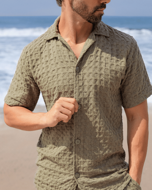 Orb Button Down Waffle Shirt – Black – Mens