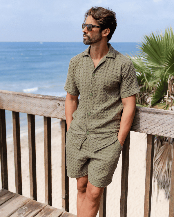 Orb Button Down Waffle Shirt – Olive – Mens