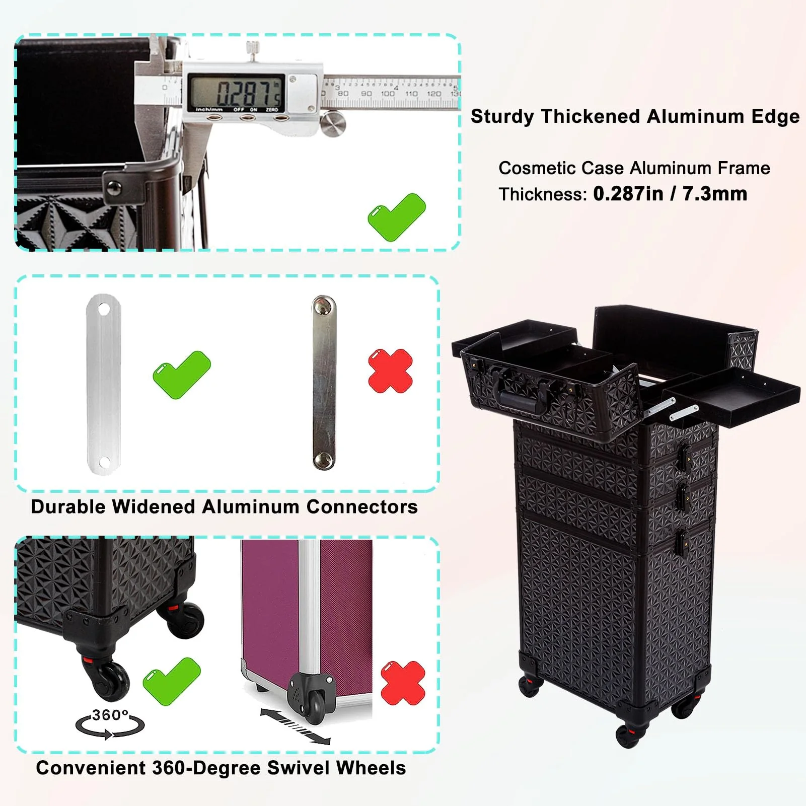 AROUS 5 in 1 Professional Makeup Train Case with 360° Swivel Wheels - UZIS Sports