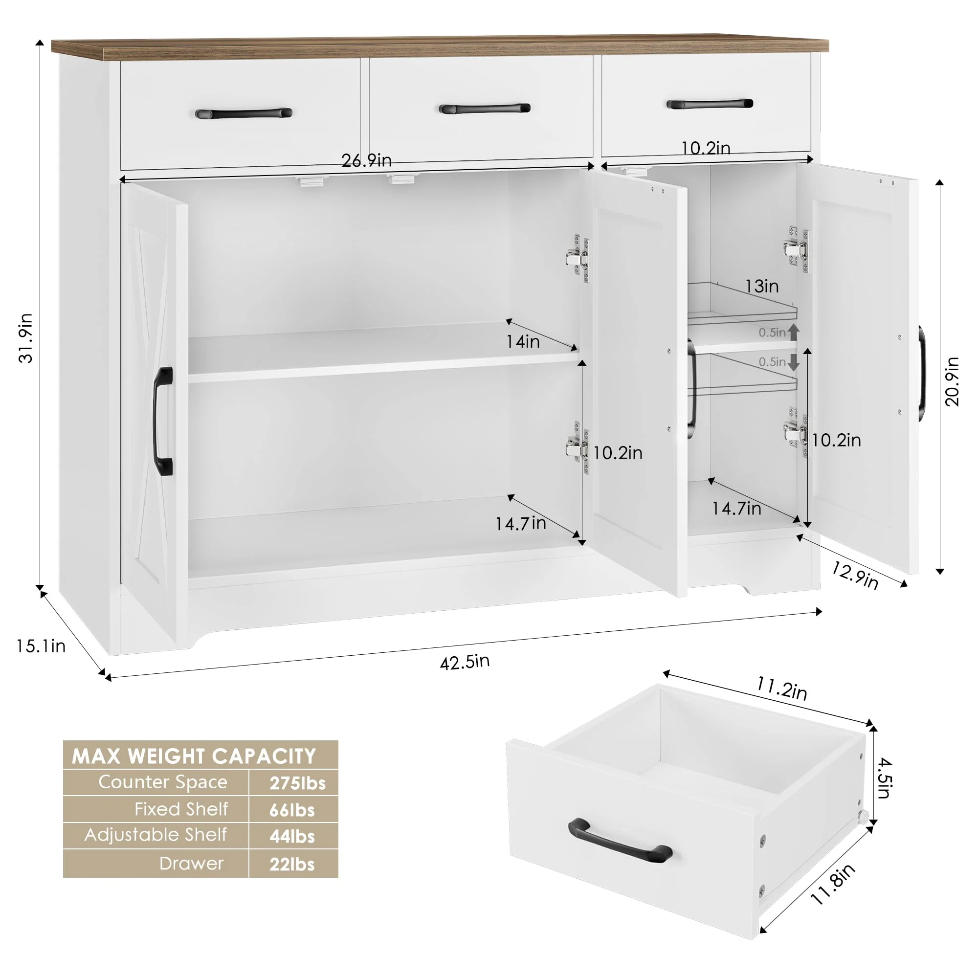 HOSTACK Modern Farmhouse Sideboard Buffet Cabinet - UZIS Sports