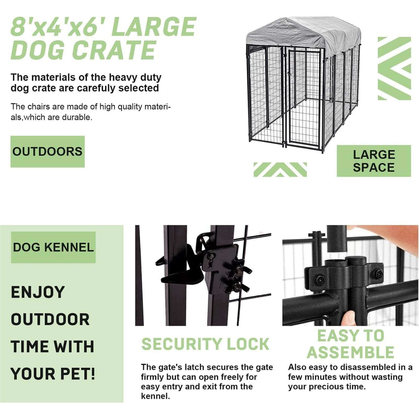 NiamVelo 8'x4'x6' Large Dog Kennel Heavy Duty Playpen Welded Dog Cage with Water-Resistant Cover, Outdoor Dog Fence Crate for Backyard, Black - UZIS Sports