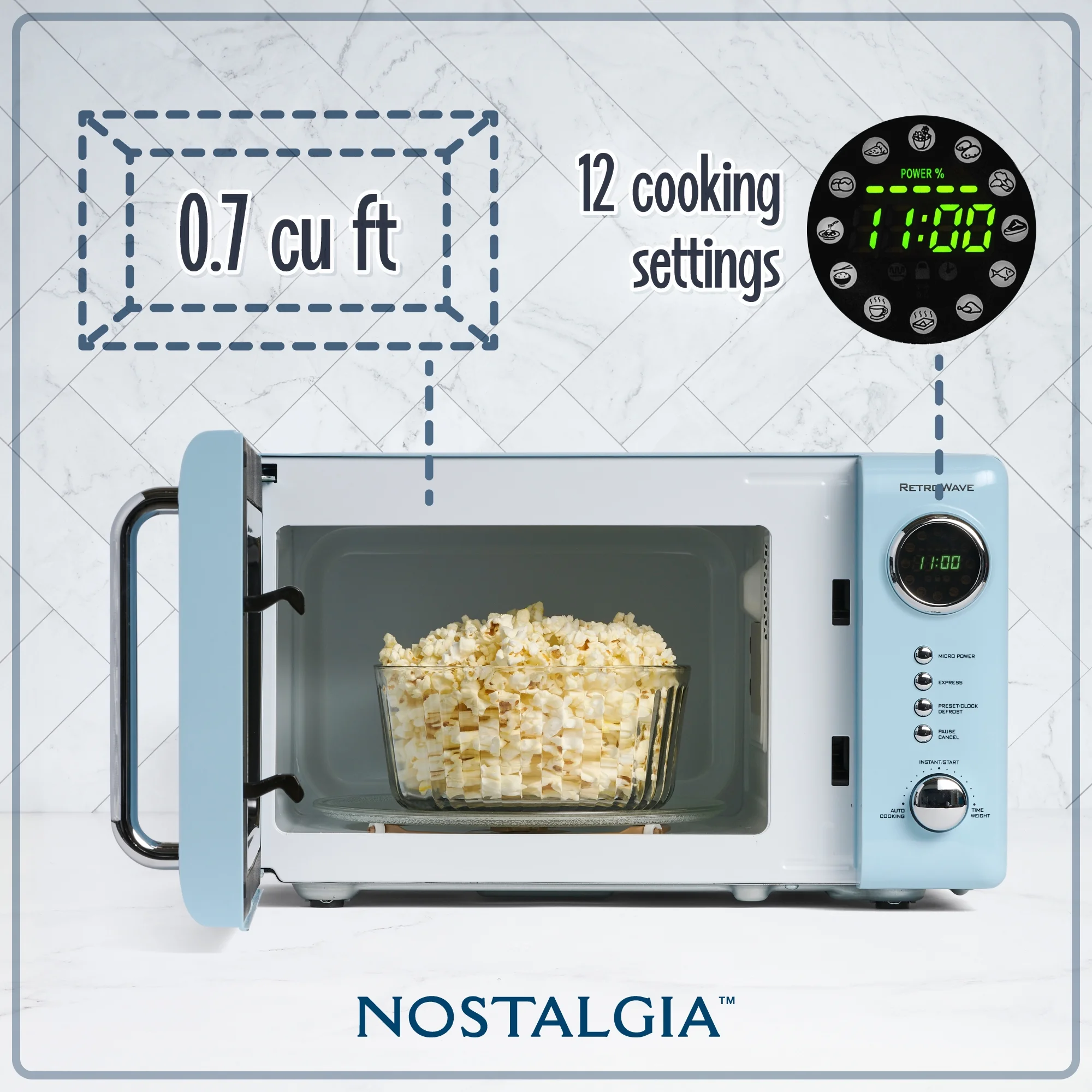 Nostalgia Retro Compact Countertop Microwave Oven, 0.7 Cu. Ft. 700-Watts with LED Digital Display, Child Lock, Easy Clean Interior, Blue - UZIS Sports