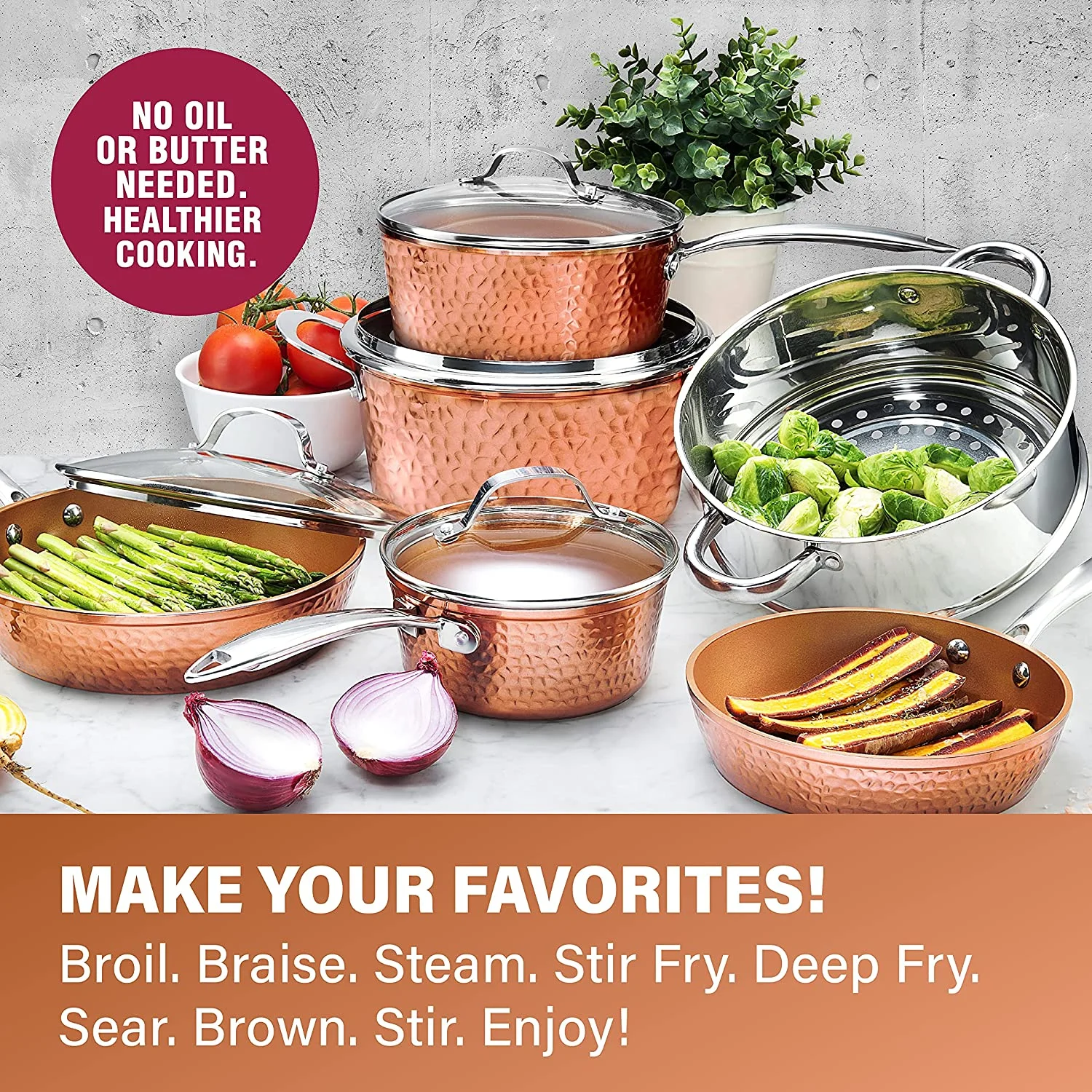 Gotham Steel Hammered Collection Pots and Pans Set, 10-Piece Premium Cookware Set with Nonstick Coating, Dishwasher and Oven Safe, Copper - UZIS Sports