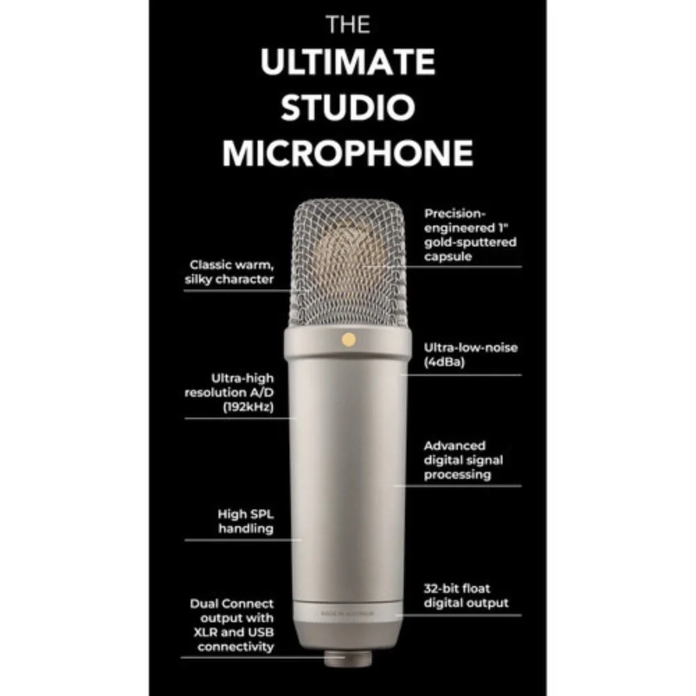 Rode NT1 (Silver)5th Generation Hybrid Studio Condenser Microphone Bundle with Mic Stand with Fixed Boom - UZIS Sports