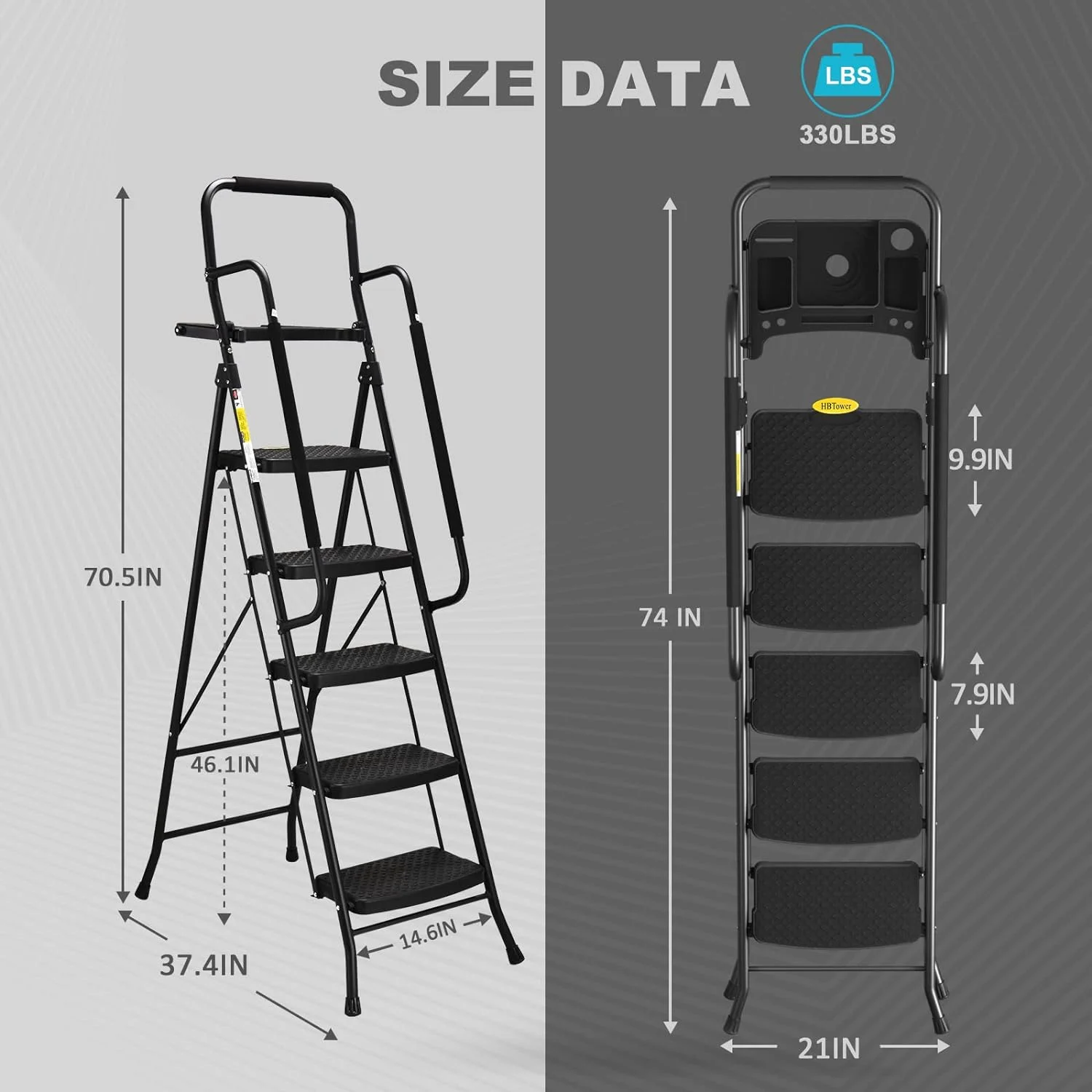 HBTower Folding 5-Step Ladder, 330lbs, with Handrails and Tool Tray and Anti-Slip Pedal, Black - UZIS Sports