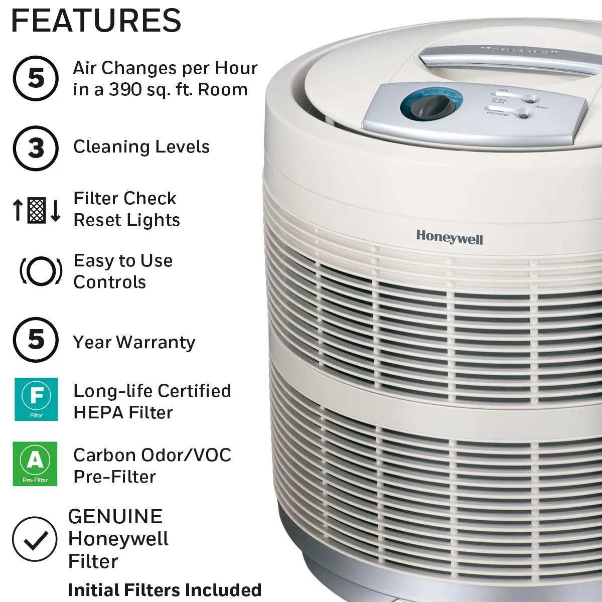 Honeywell Air Purifier, 50250-S, 390 sq ft, HEPA Filter, Allergen, Smoke, Pollen, Dust Reducer - UZIS Sports