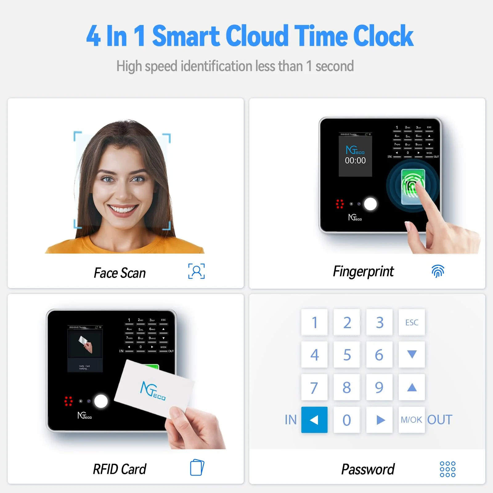 NGTeco Cloud Time Clock, WiFi Time Clocks with Face, Finger Scan - UZIS Sports