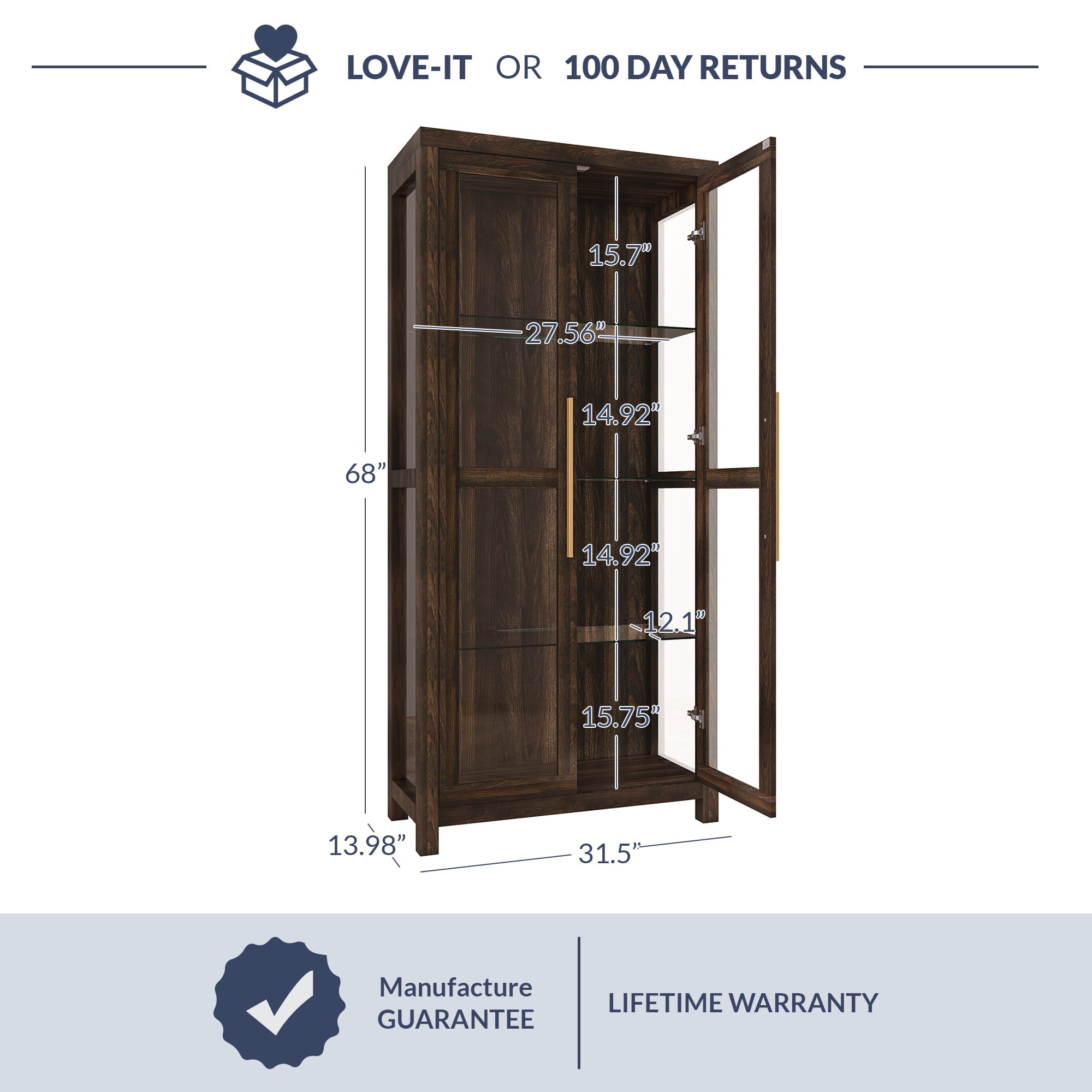 BELLEZE Tall Display Cabinet with Tempered Glass Doors - Modern Storage Bookshelf for Living Room & Bedroom, Wood Finish - UZIS Sports