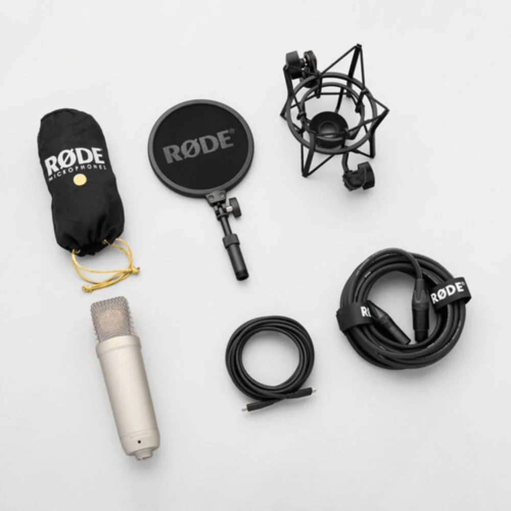 Rode NT1 (Silver)5th Generation Hybrid Studio Condenser Microphone Bundle with Mic Stand with Fixed Boom - UZIS Sports