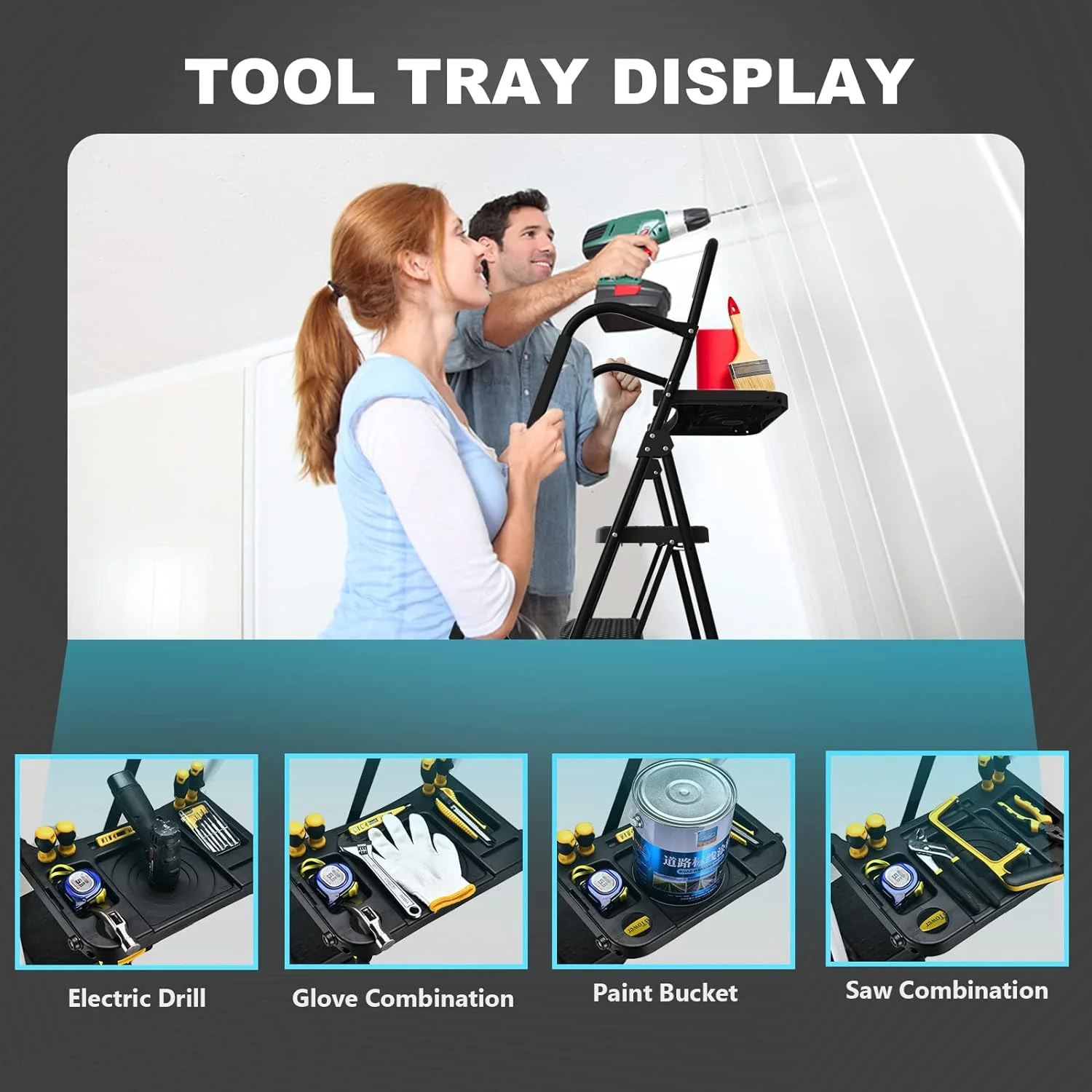 HBTower Folding 5-Step Ladder, 330lbs, with Handrails and Tool Tray and Anti-Slip Pedal, Black - UZIS Sports
