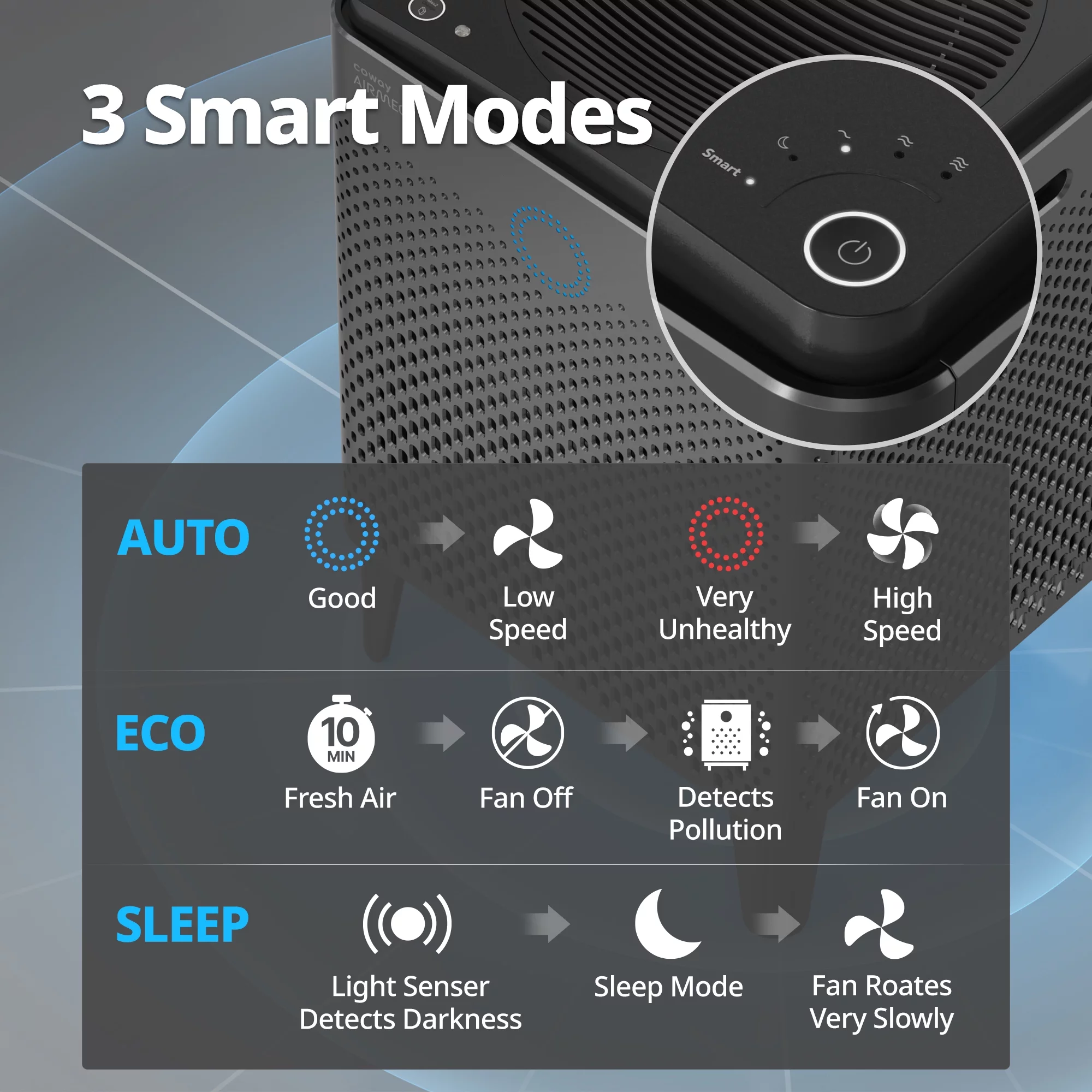 Coway Airmega 400 Graphite Air Purifier - True HEPA Filter, Covers up to 1,560 sq. ft., Real-time Air Quality Monitor, Auto & Eco Mode - UZIS Sports