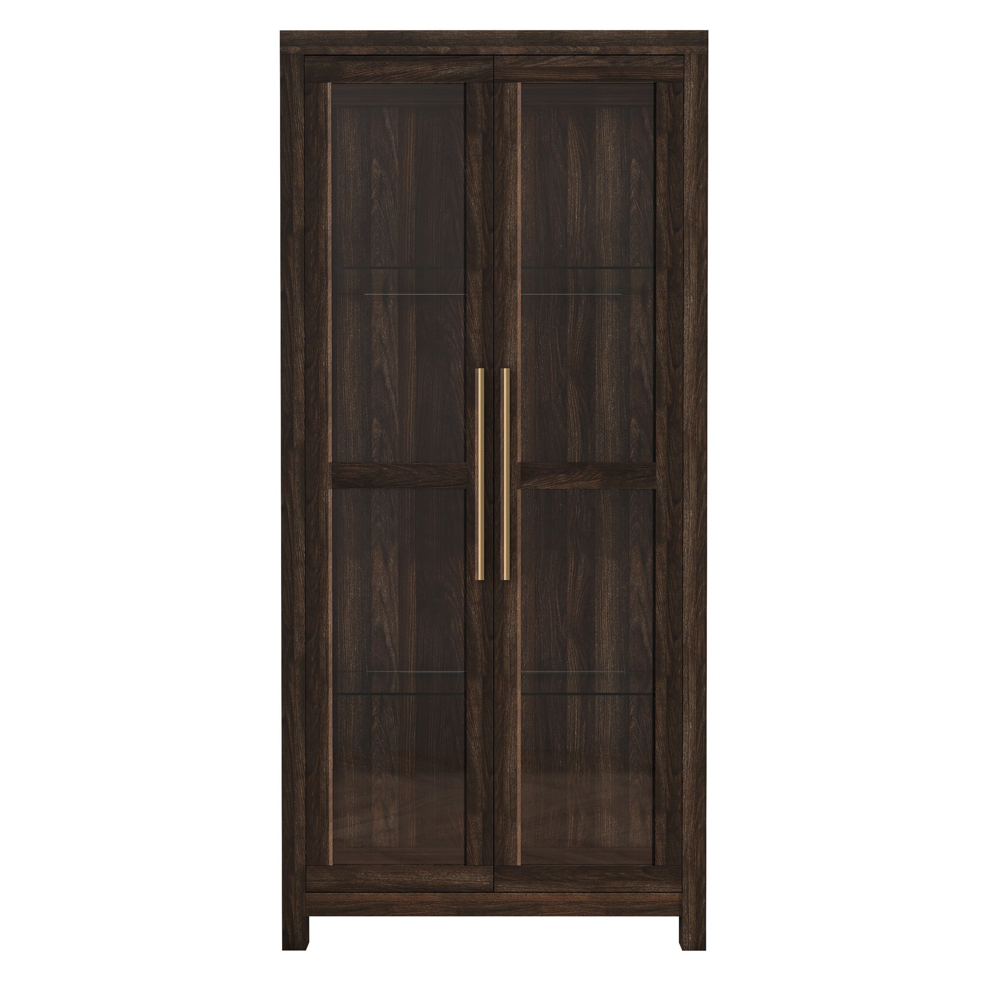 BELLEZE Tall Display Cabinet with Tempered Glass Doors - Modern Storage Bookshelf for Living Room & Bedroom, Wood Finish - UZIS Sports