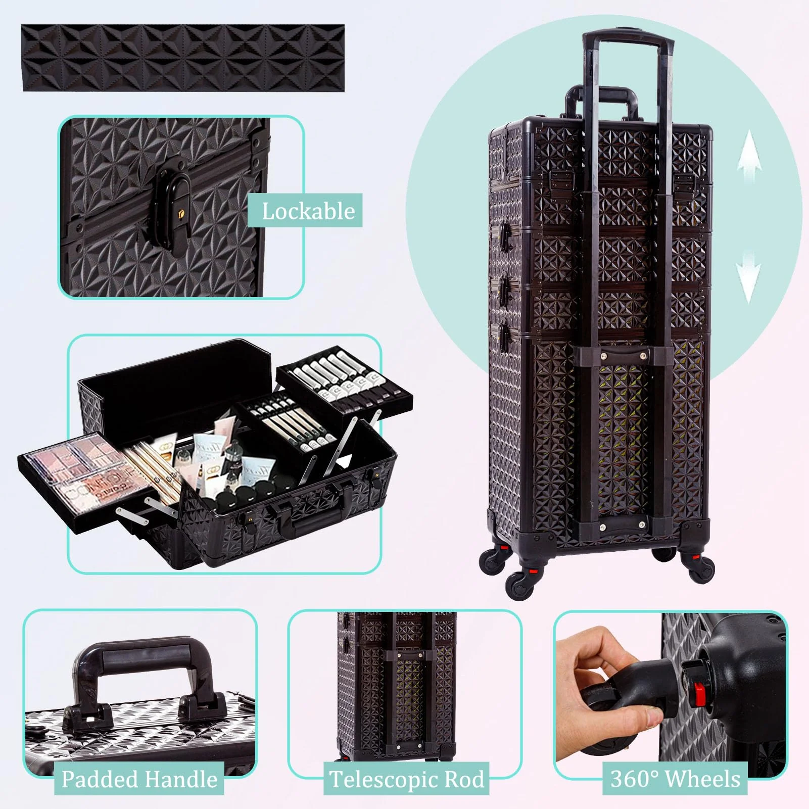 AROUS 5 in 1 Professional Makeup Train Case with 360° Swivel Wheels - UZIS Sports