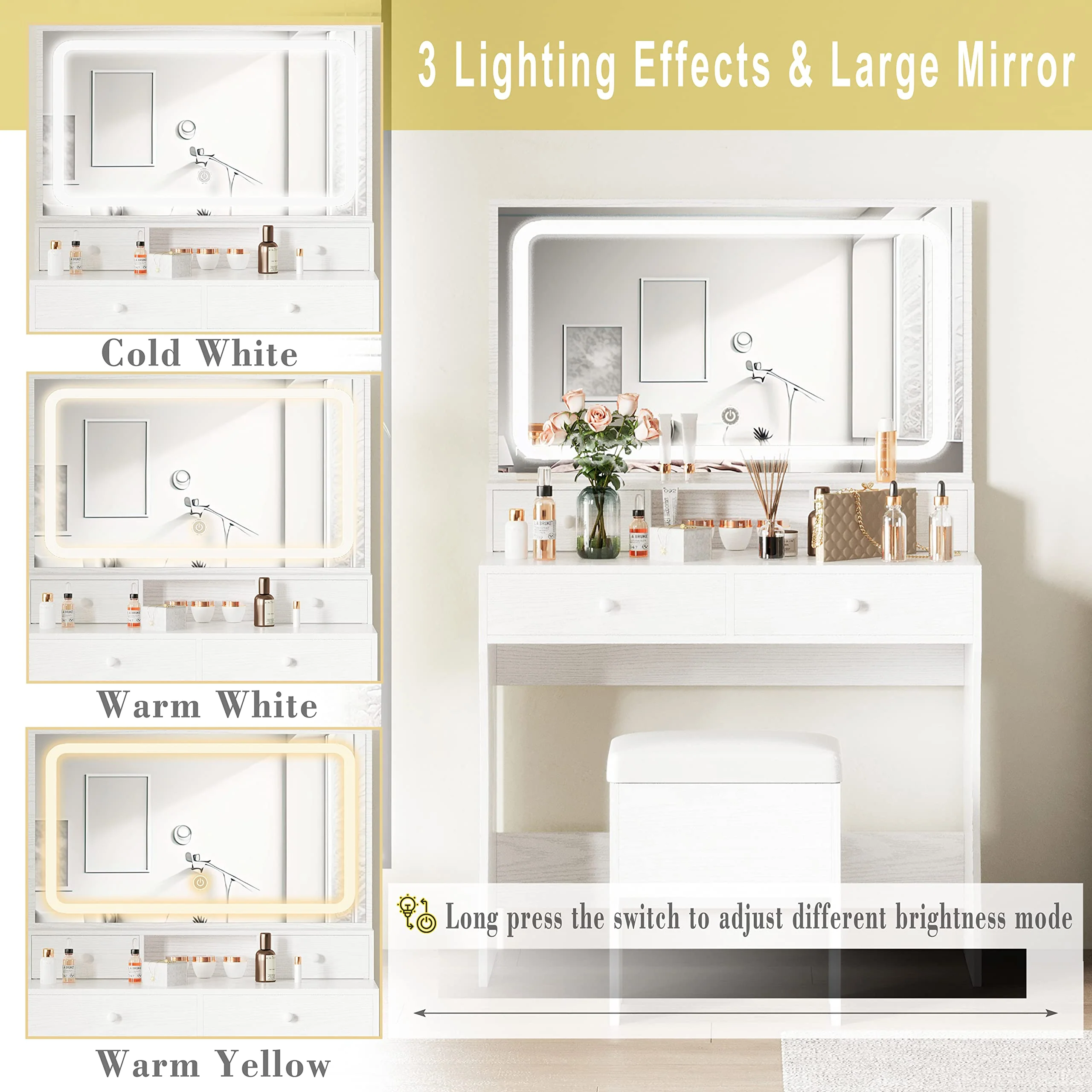 IRONCK Vanity Desk Set with LED Lighted Mirror & Power Outlet - UZIS Sports
