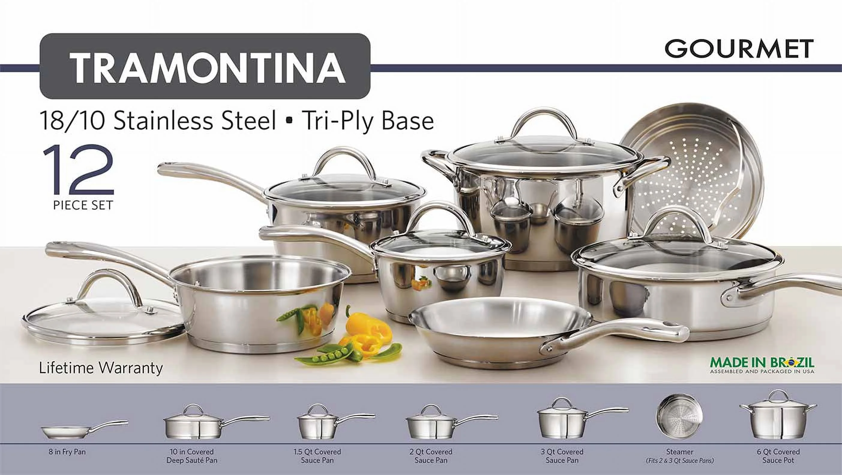 Tramontina Gourmet Stainless Steel Tri-Ply Base Cookware Set, 12 Piece - UZIS Sports