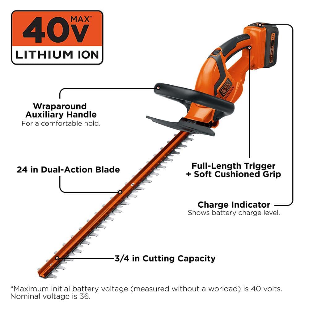 BLACK+DECKER 40V MAX Cordless Battery Powered Hedge Trimmer Kit with (1) 1.5Ah Battery & Charger LHT2436 - UZIS Sports