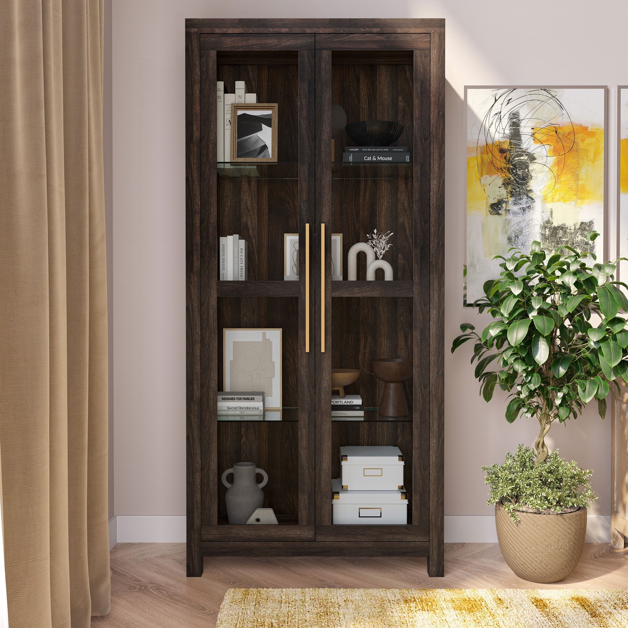 BELLEZE Tall Display Cabinet with Tempered Glass Doors - Modern Storage Bookshelf for Living Room & Bedroom, Wood Finish - UZIS Sports