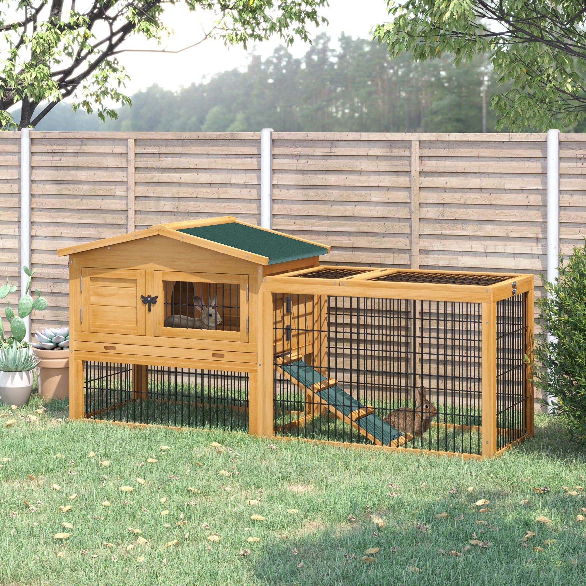 Pawhut Solid Wood Rabbit Hutch with 2 House Levels and Patio Space, Easy Clean - UZIS Sports