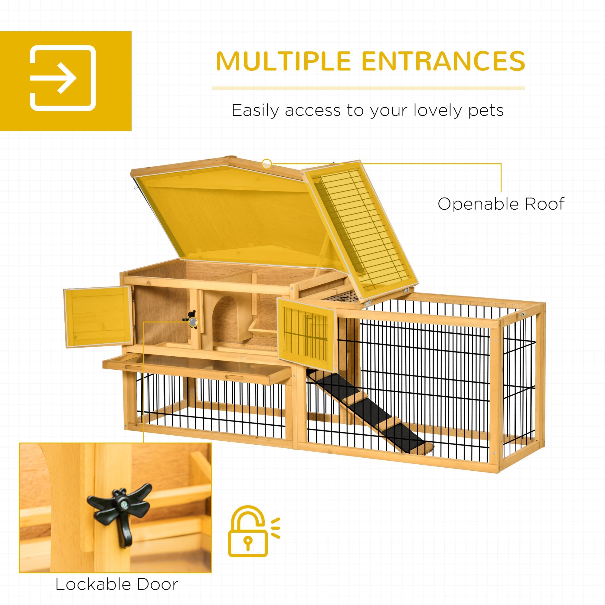 Pawhut Solid Wood Rabbit Hutch with 2 House Levels and Patio Space, Easy Clean - UZIS Sports