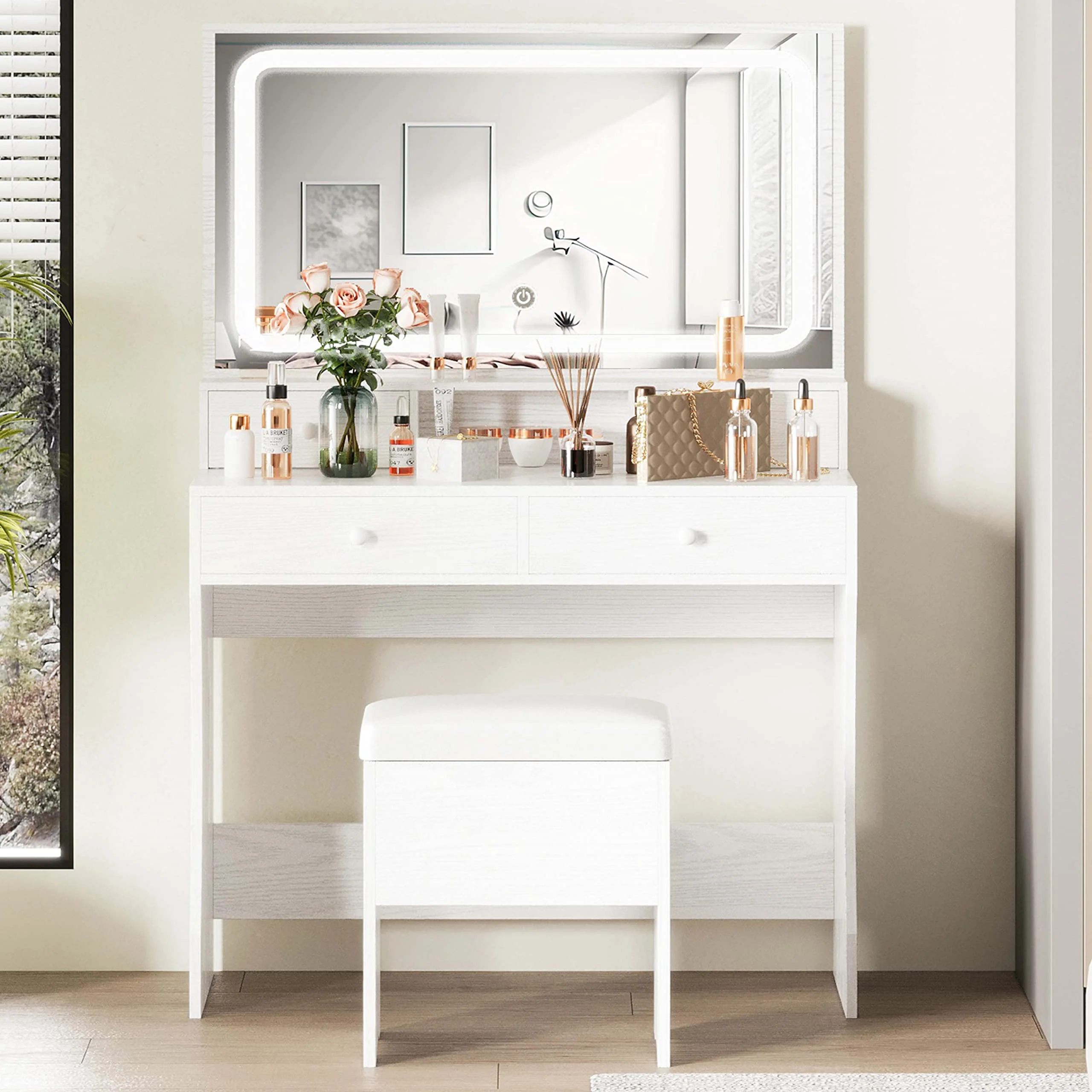 IRONCK Vanity Desk Set with LED Lighted Mirror & Power Outlet - UZIS Sports