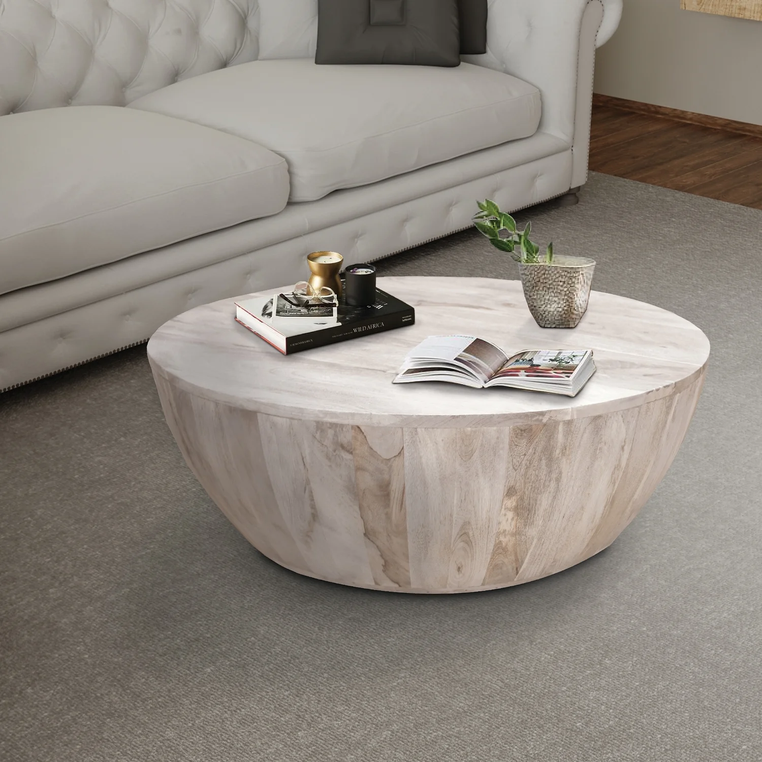 The Urban Port 36 Inch Round Mango Wood Coffee Table, Subtle Grains, Distressed White-Color:Light Brown - UZIS Sports