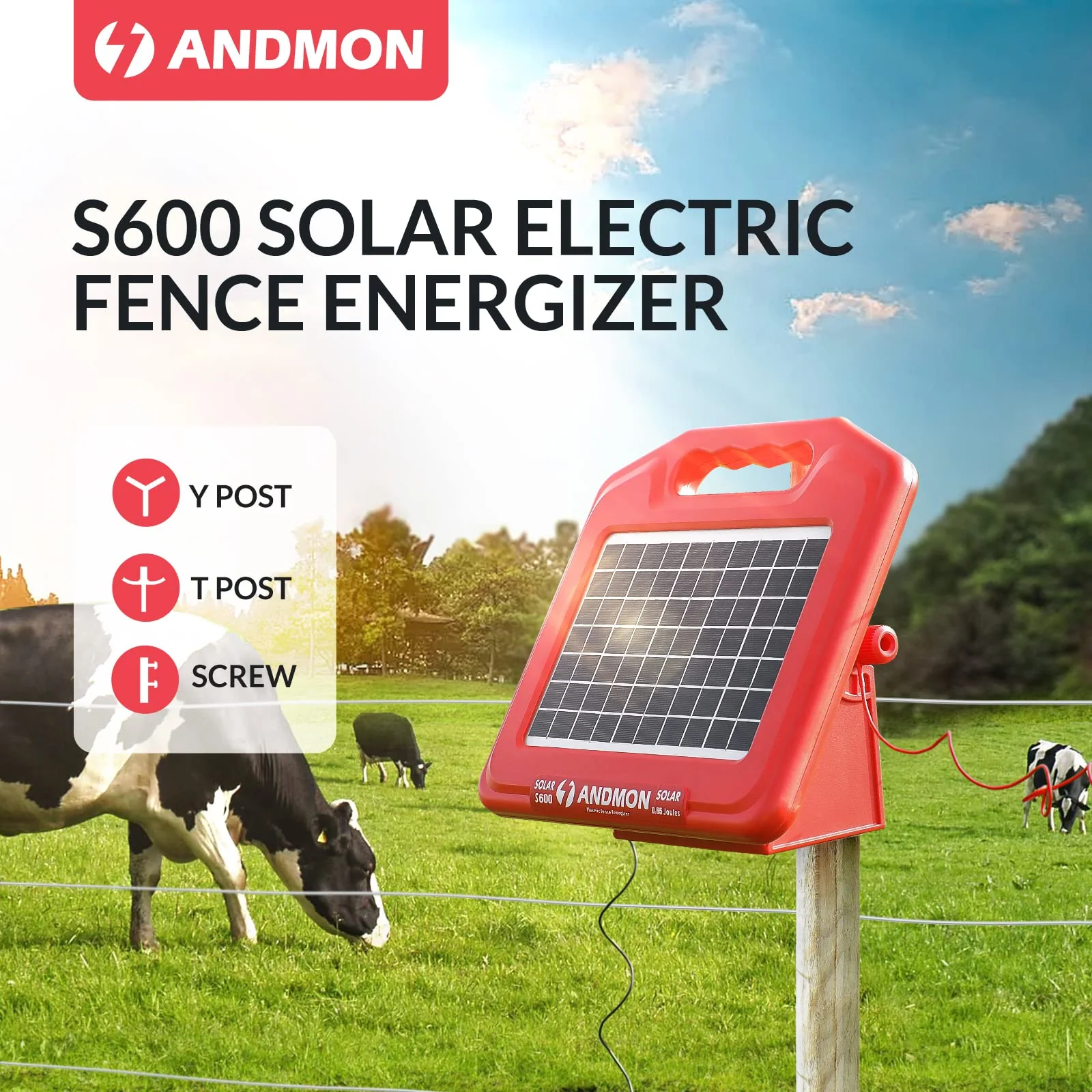 ANDMON 30 Miles Solar Fence Charger with Dual Input - UZIS Sports