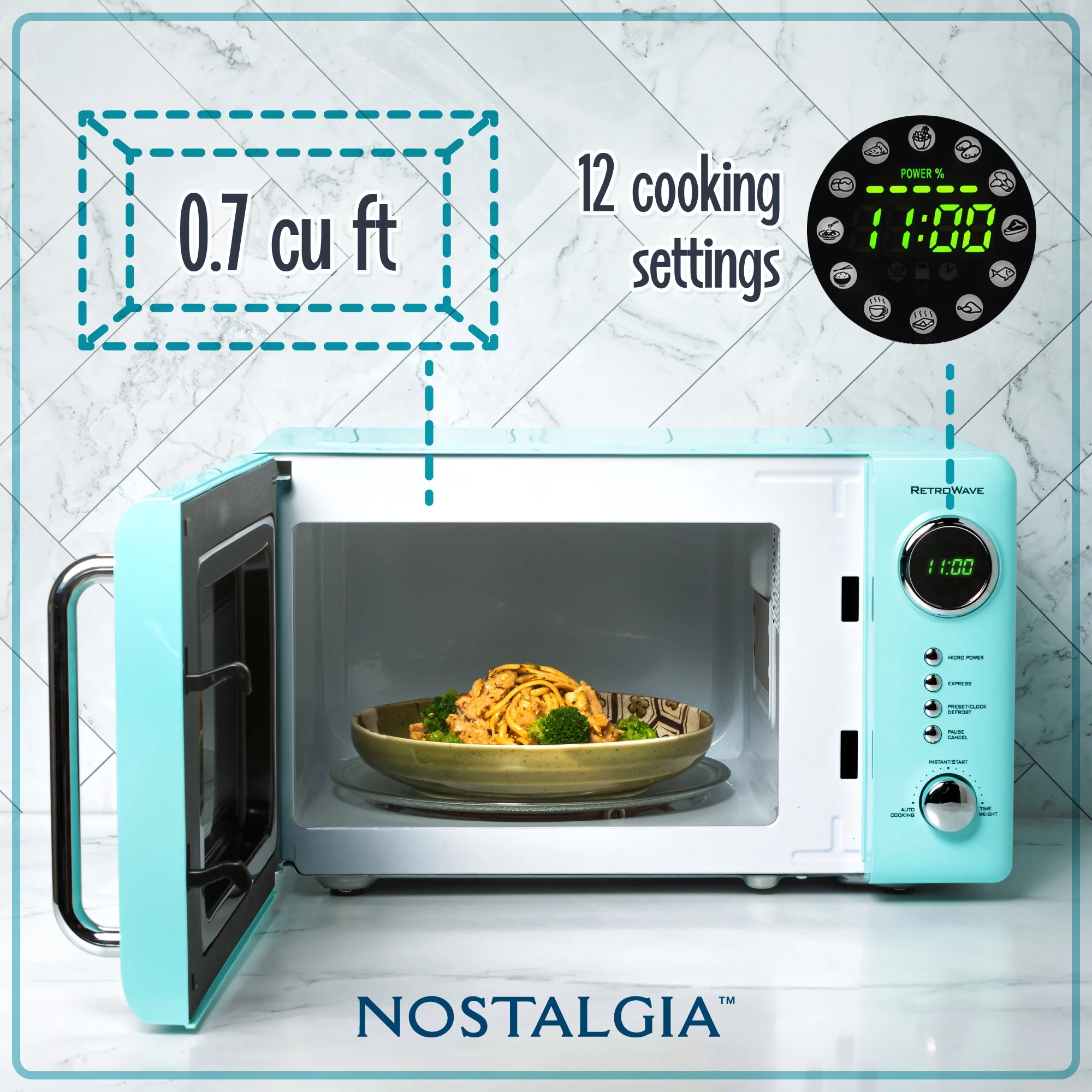 Nostalgia Retro Compact Countertop Microwave Oven, 0.7 Cu. Ft. 700-Watts with LED Digital Display, Child Lock, Easy Clean Interior, Aqua - UZIS Sports