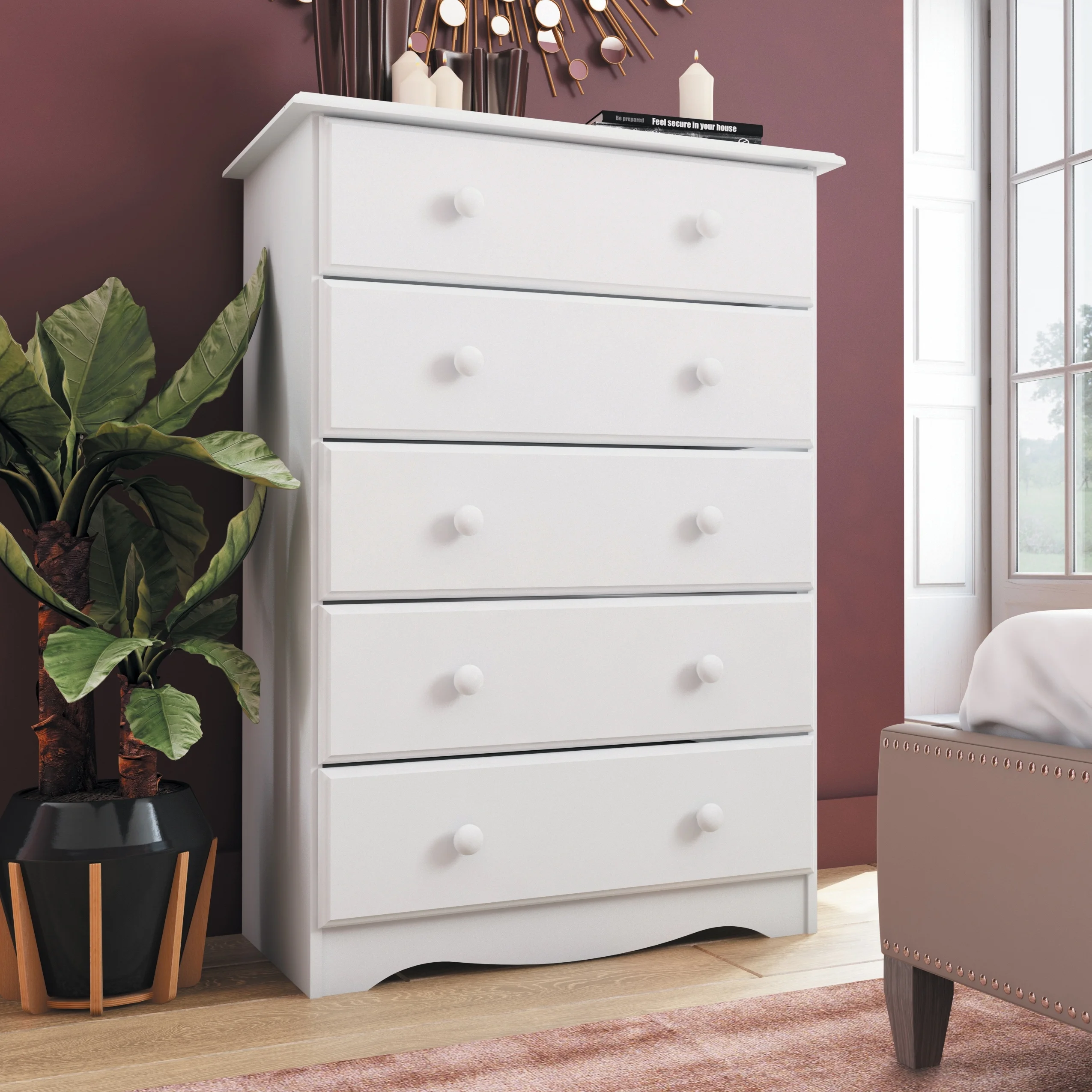 Palace Imports  100% Solid Wood 5-Drawer Chest with Metal or Wooden Knobs Honey Pine Stained Medium Wood - UZIS Sports