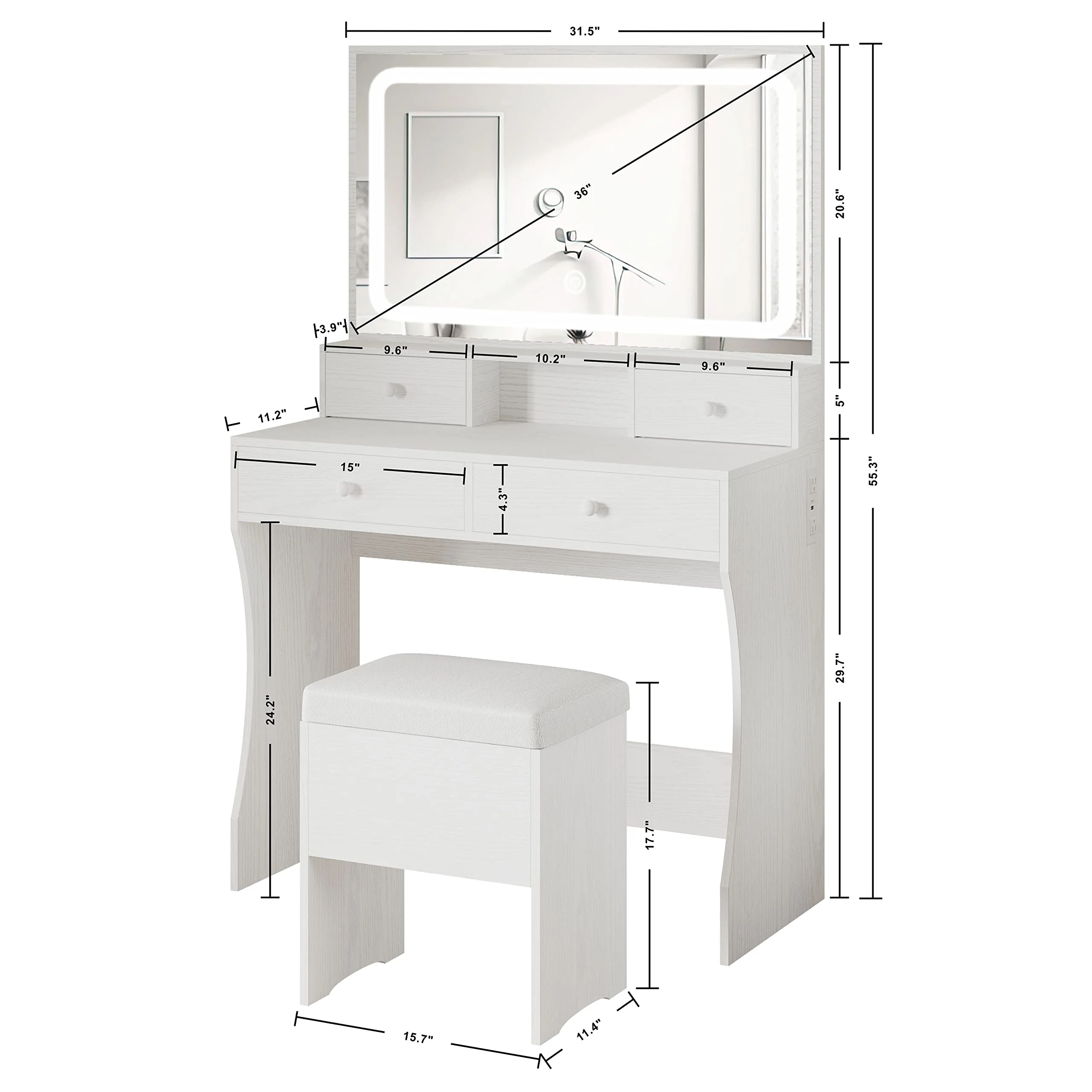 IRONCK Vanity Desk Set with LED Lighted Mirror & Power Outlet - UZIS Sports