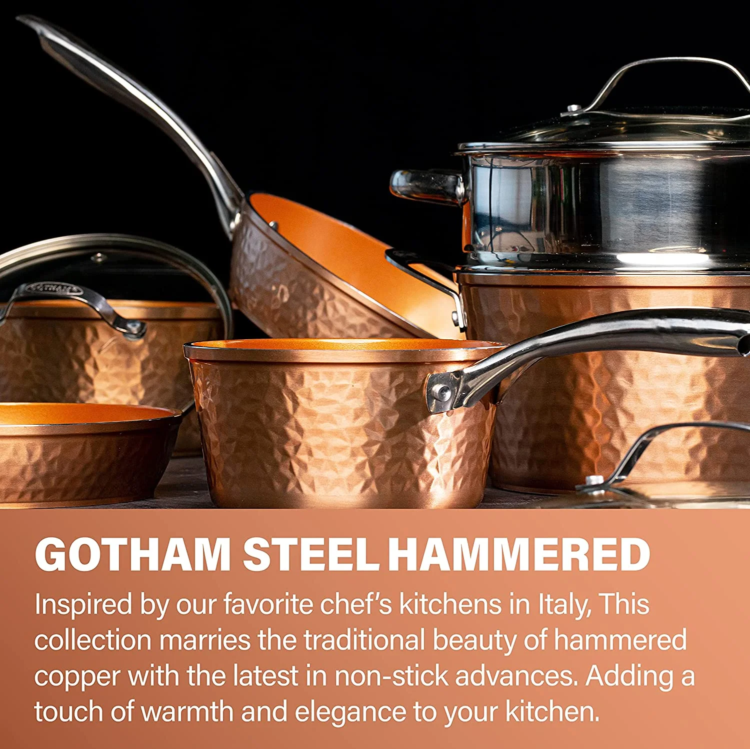 Gotham Steel Hammered Collection Pots and Pans Set, 10-Piece Premium Cookware Set with Nonstick Coating, Dishwasher and Oven Safe, Copper - UZIS Sports
