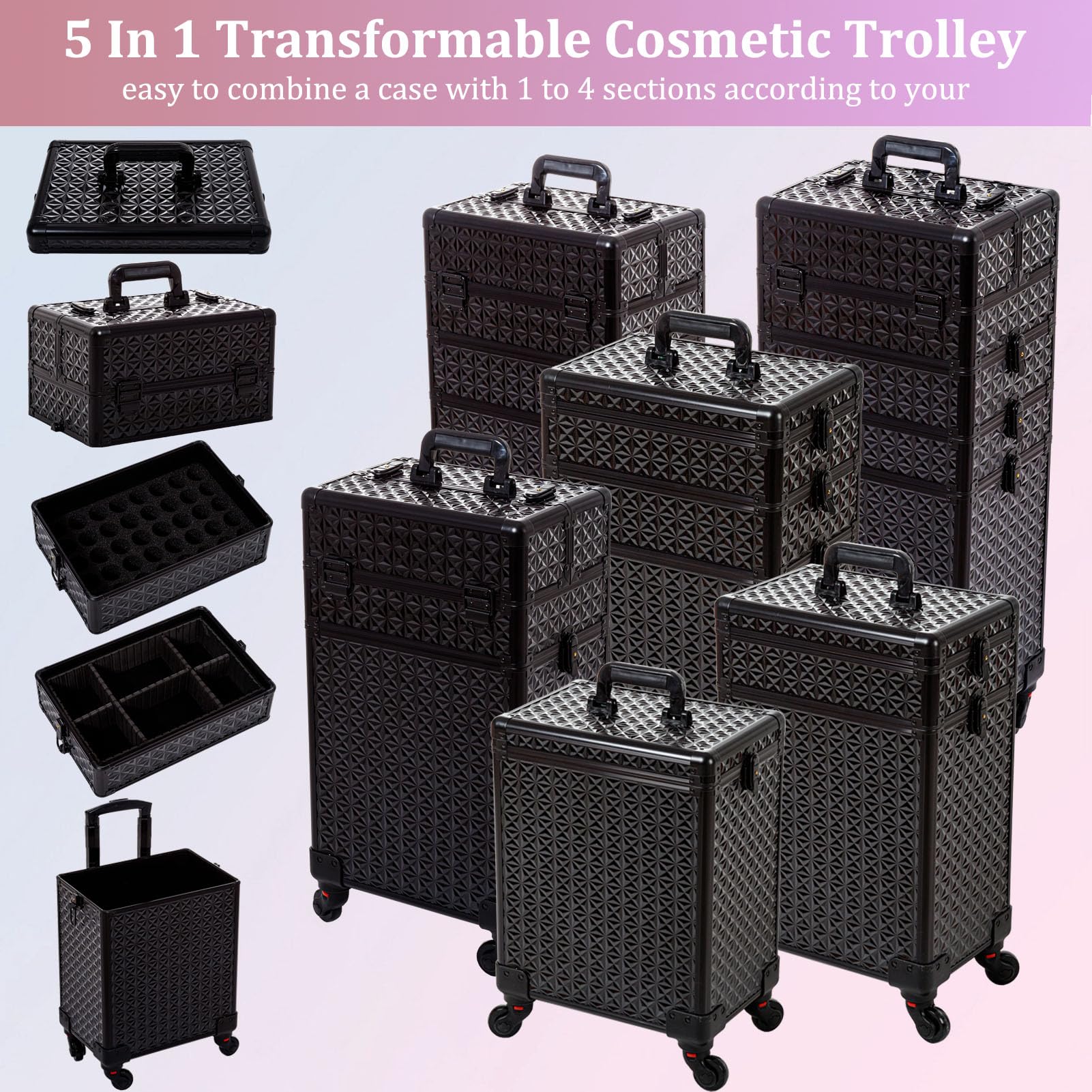 AROUS 5 in 1 Professional Makeup Train Case with 360° Swivel Wheels - UZIS Sports