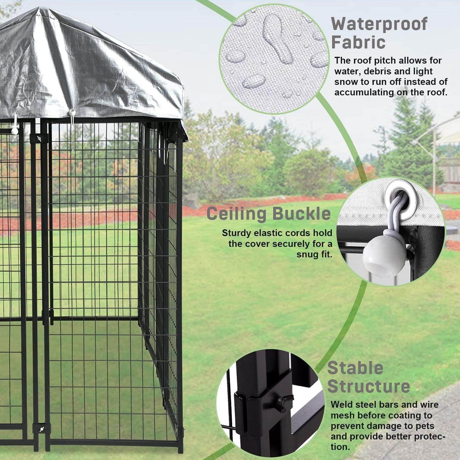 NiamVelo 8'x4'x6' Large Dog Kennel Heavy Duty Playpen Welded Dog Cage with Water-Resistant Cover, Outdoor Dog Fence Crate for Backyard, Black - UZIS Sports