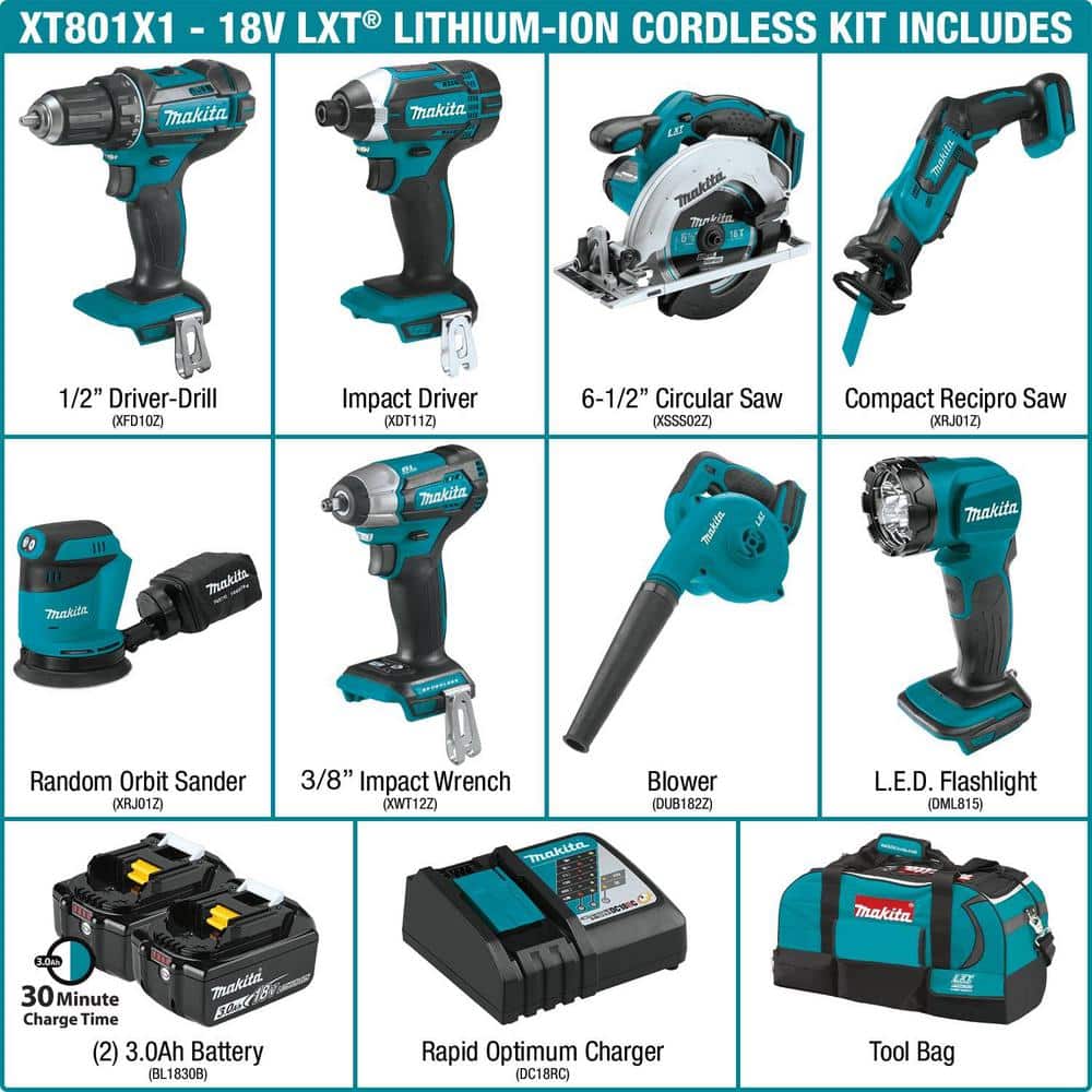 18V LXT Lithium-Ion 8-Piece Kit Drill/ Impact Drvr/ Circ Saw/ Recip Saw/ Sander/ Impact Wrench/ Blower/ Light 3. 0Ah XT801X1 - UZIS Sports