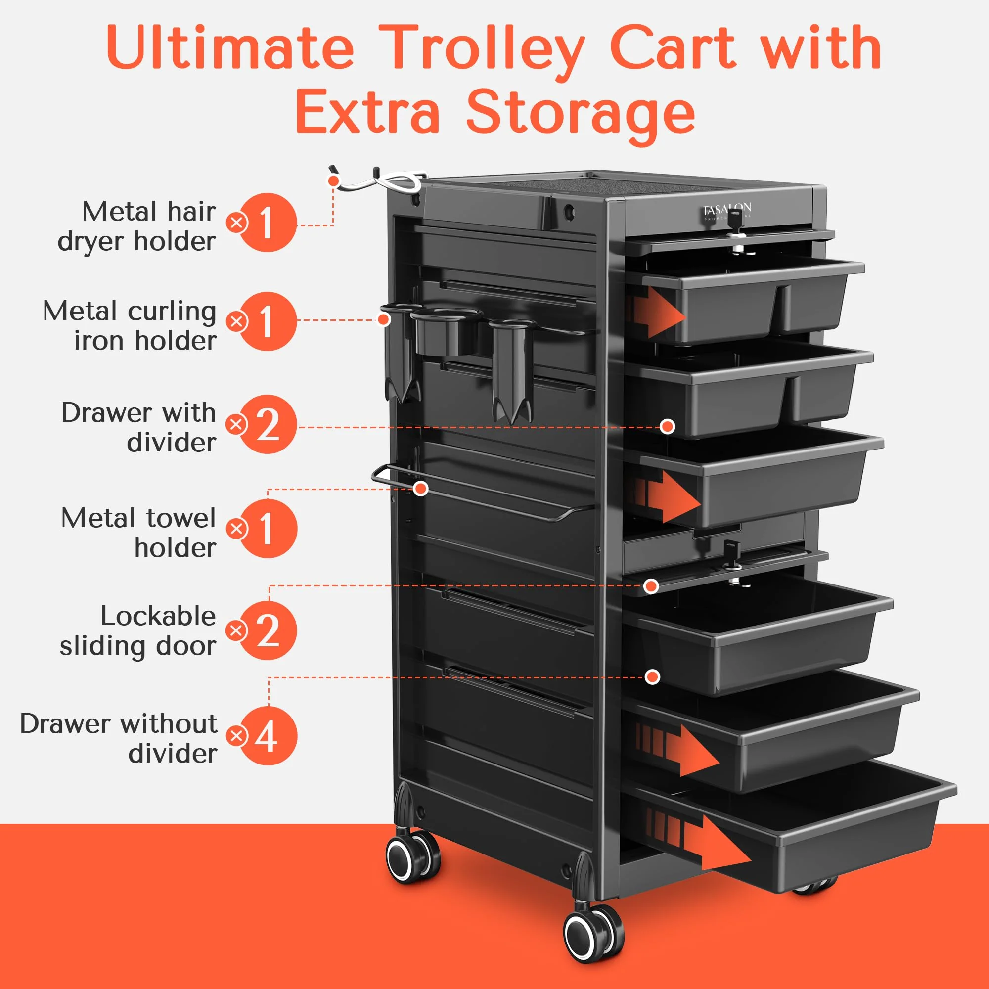 TASALON Lockable Salon Trolley Cart with 6 Drawers - UZIS Sports