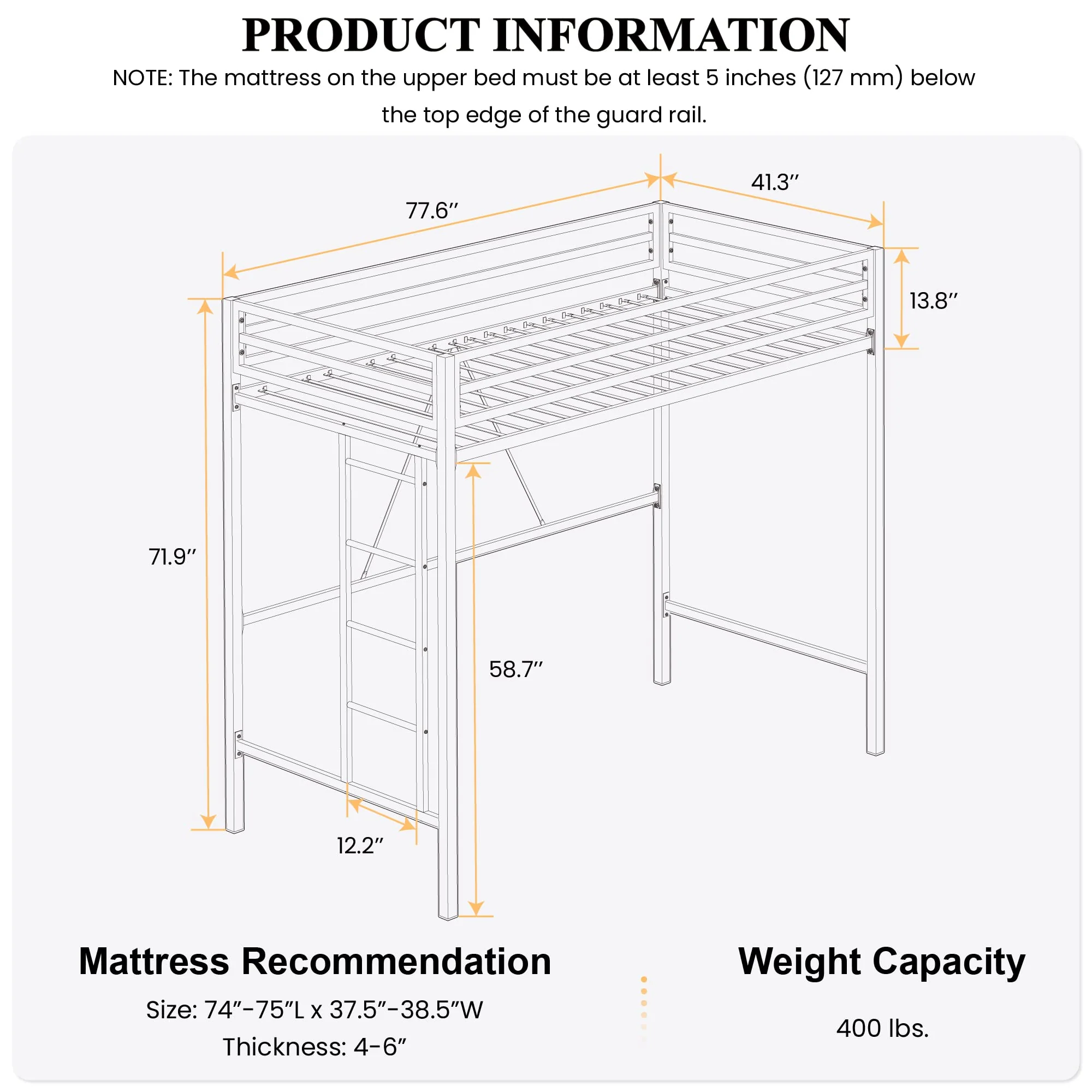 SHA CERLIN Junior Loft Bed Twin Size, Heavy Duty Twin Bed Frame - UZIS Sports