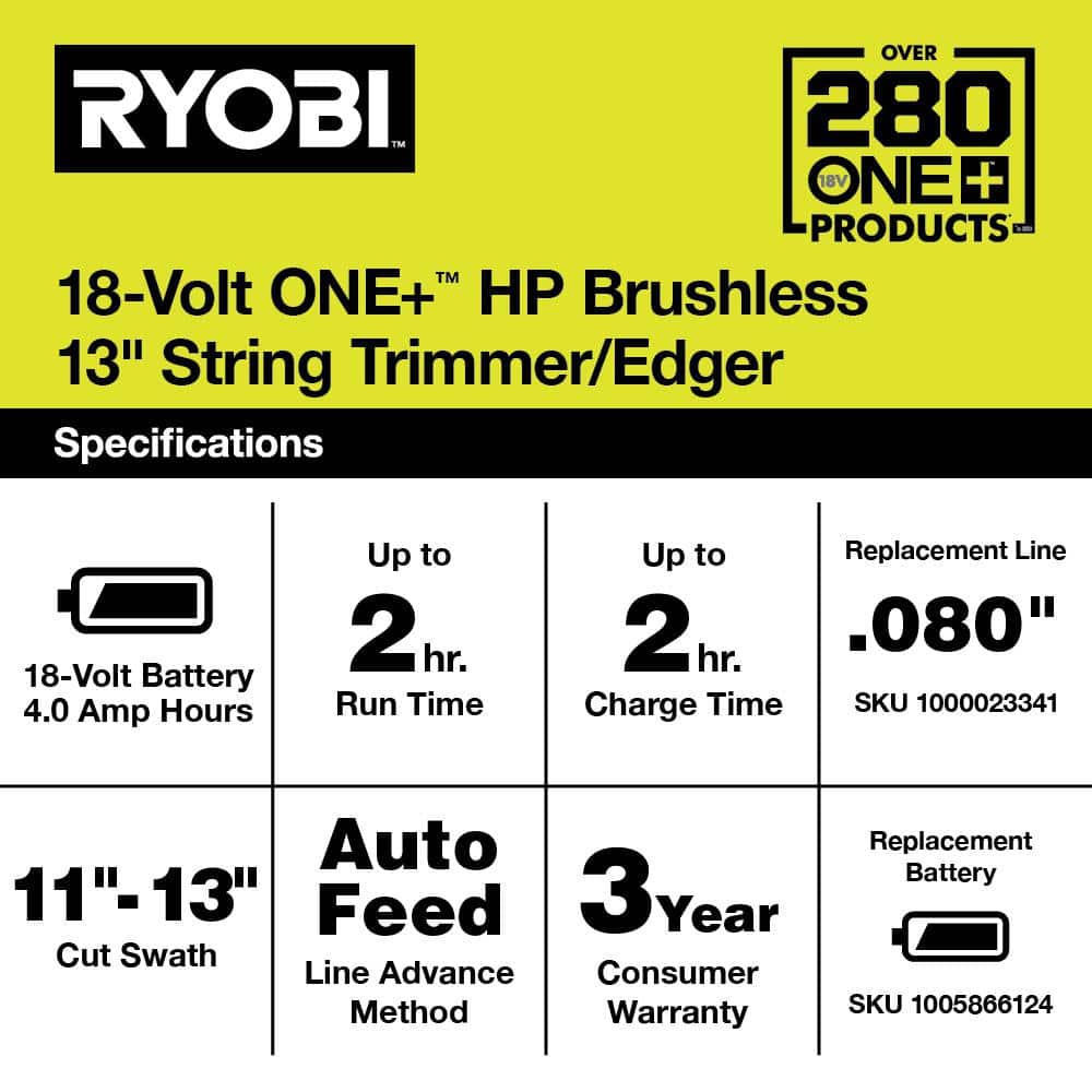 ONE+ HP 18V Brushless 13 in. Cordless Battery String Trimmer with 4.0 Ah Battery and Charger P20120 - UZIS Sports
