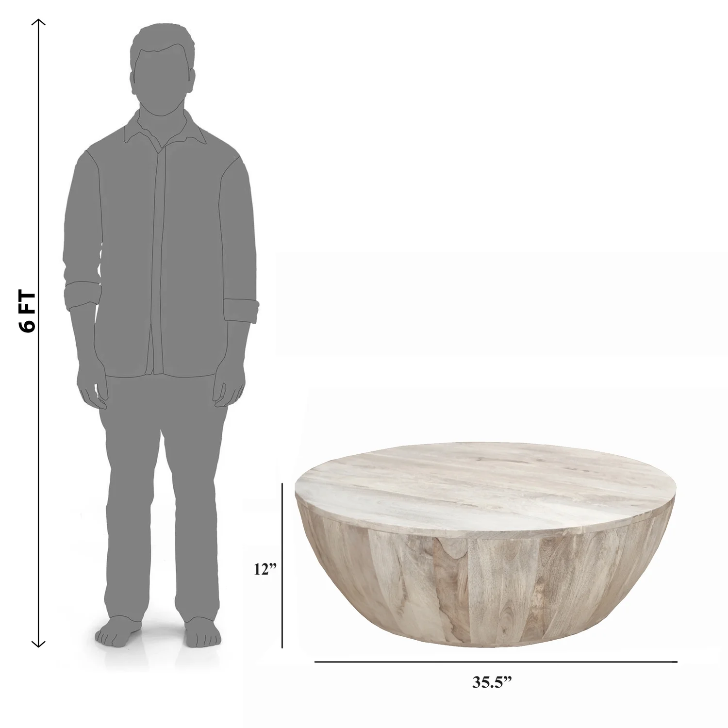 The Urban Port 36 Inch Round Mango Wood Coffee Table, Subtle Grains, Distressed White-Color:Light Brown - UZIS Sports