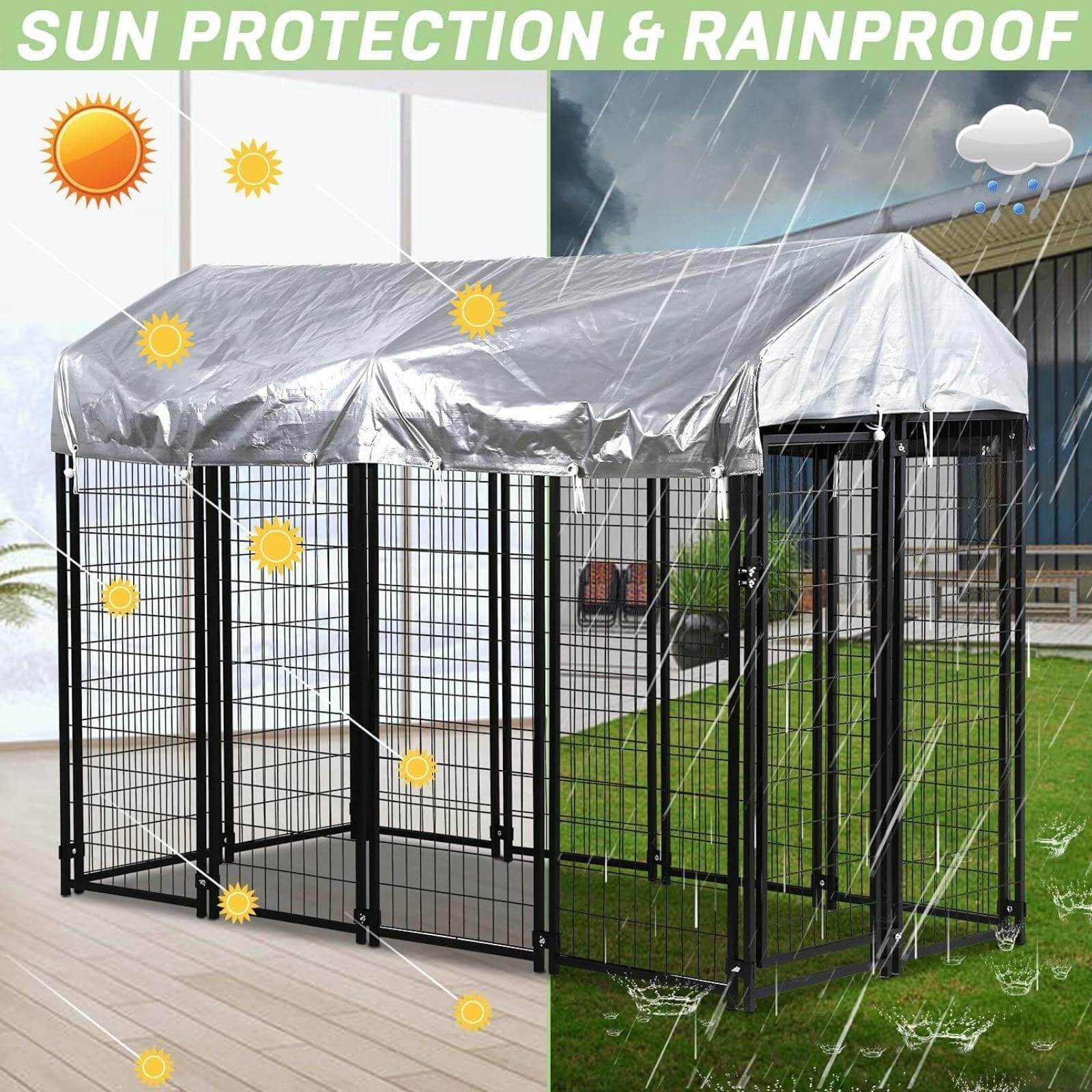 NiamVelo 8'x4'x6' Large Dog Kennel Heavy Duty Playpen Welded Dog Cage with Water-Resistant Cover, Outdoor Dog Fence Crate for Backyard, Black - UZIS Sports