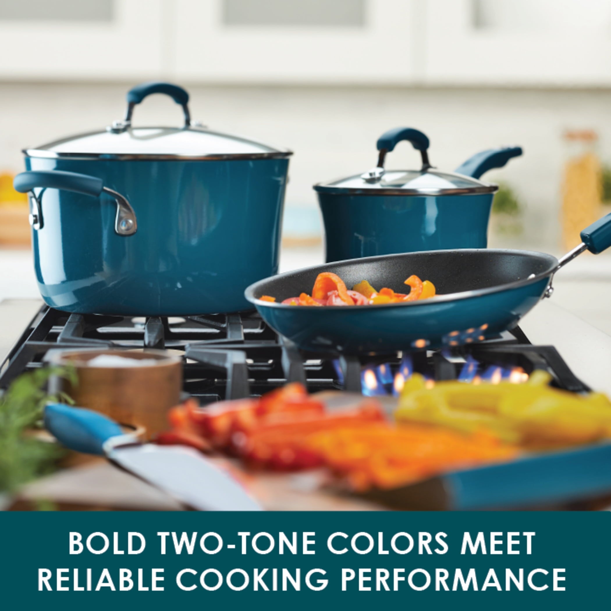 Rachael Ray 15-Piece Nonstick Pots and Pans Set/Cookware Set, Marine Blue - UZIS Sports