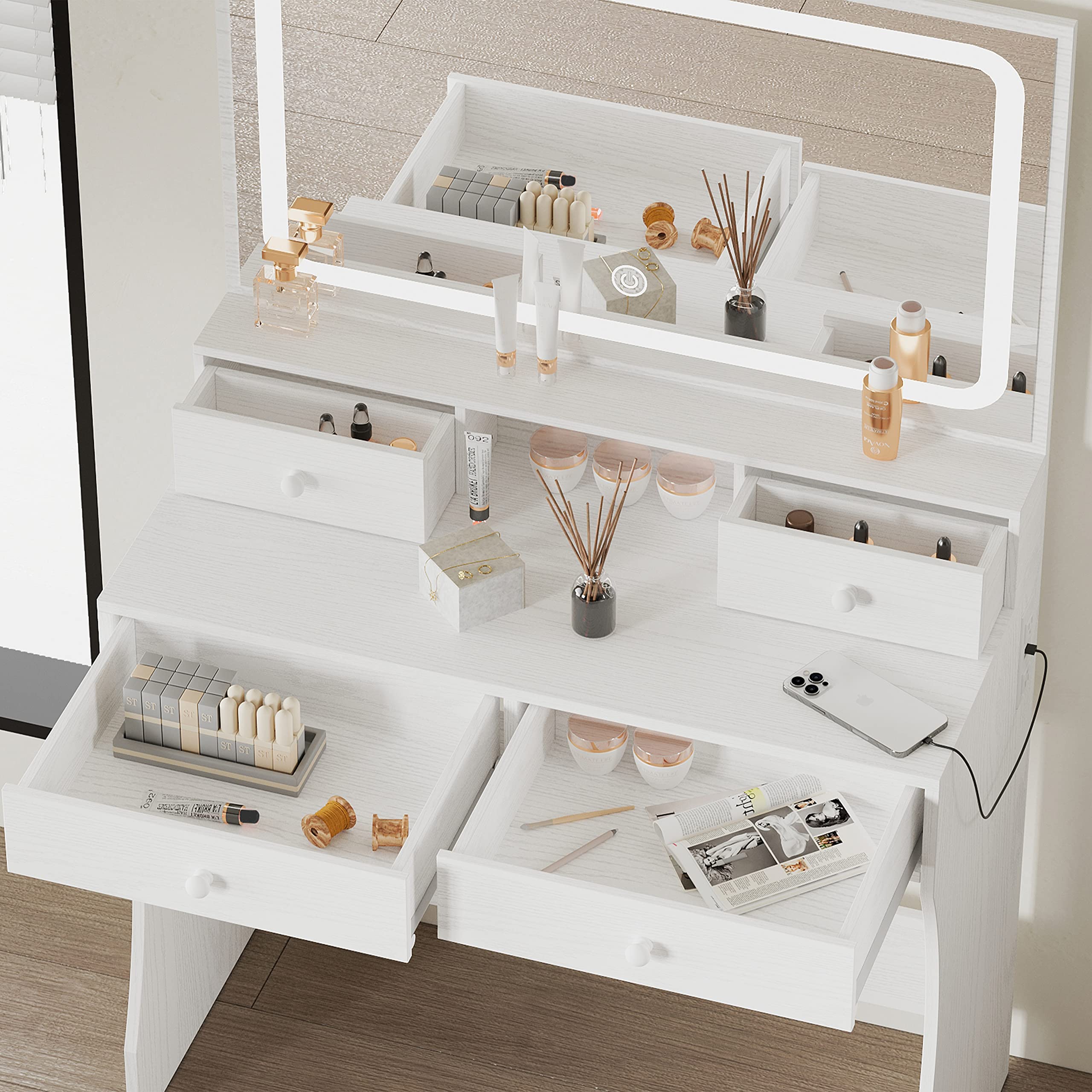 IRONCK Vanity Desk Set with LED Lighted Mirror & Power Outlet - UZIS Sports