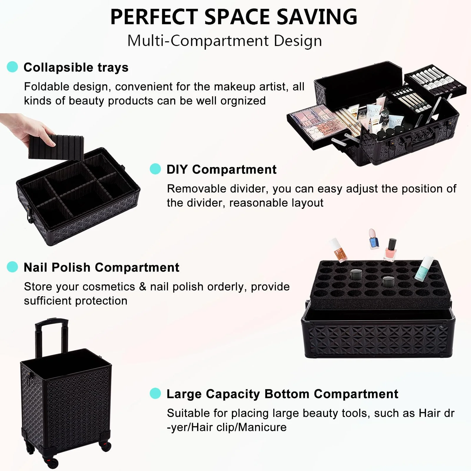 AROUS 5 in 1 Professional Makeup Train Case with 360° Swivel Wheels - UZIS Sports