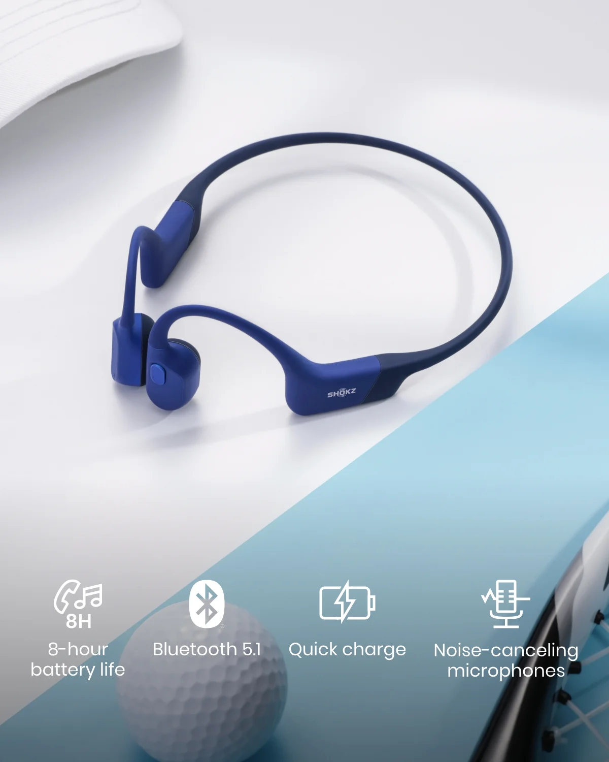Shokz OpenRun Mini Bone Conduction Waterproof Bluetooth Headphones for Sports with Cooling Wristband (Blue, Mini) - UZIS Sports
