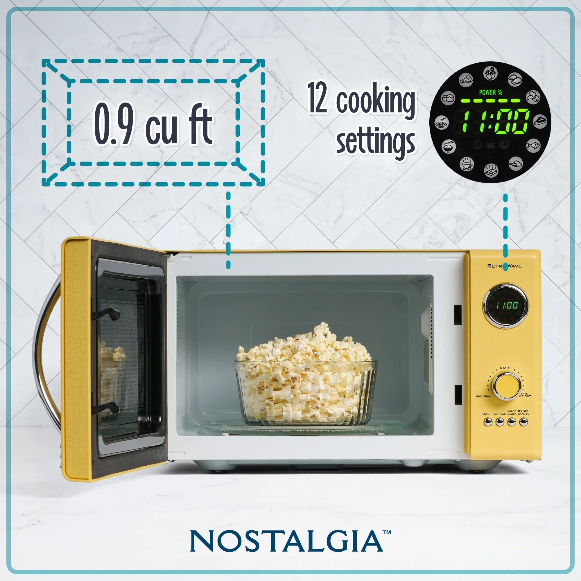 Nostalgia Retro Microwave - Countertop Microwave Oven - Includes 12 Pre-Programmed Settings and Digital Clock - 0.9 CU Ft. - 800 Watts - Yellow - UZIS Sports