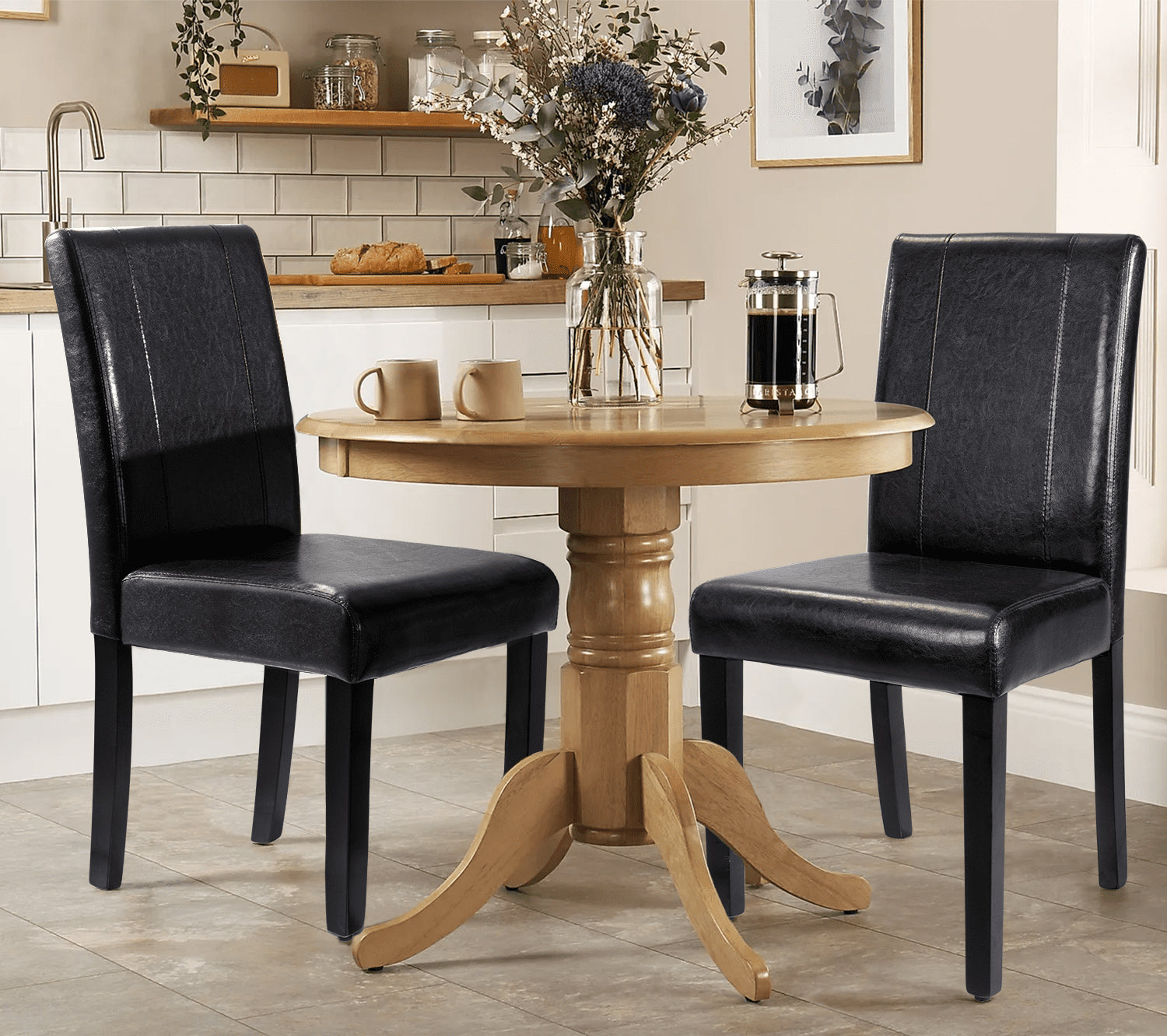 Lacoo Set of 4 Urban Style PU Leather Dining Chairs with Wood Legs, Black - UZIS Sports