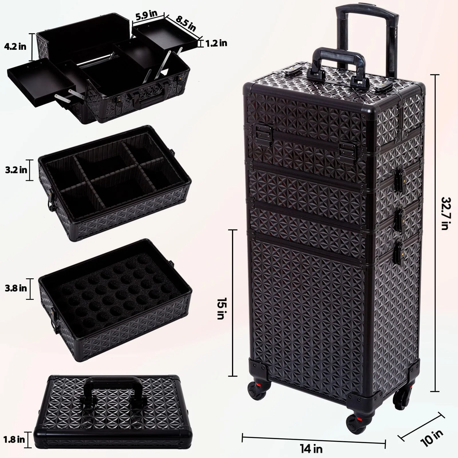 AROUS 5 in 1 Professional Makeup Train Case with 360° Swivel Wheels - UZIS Sports
