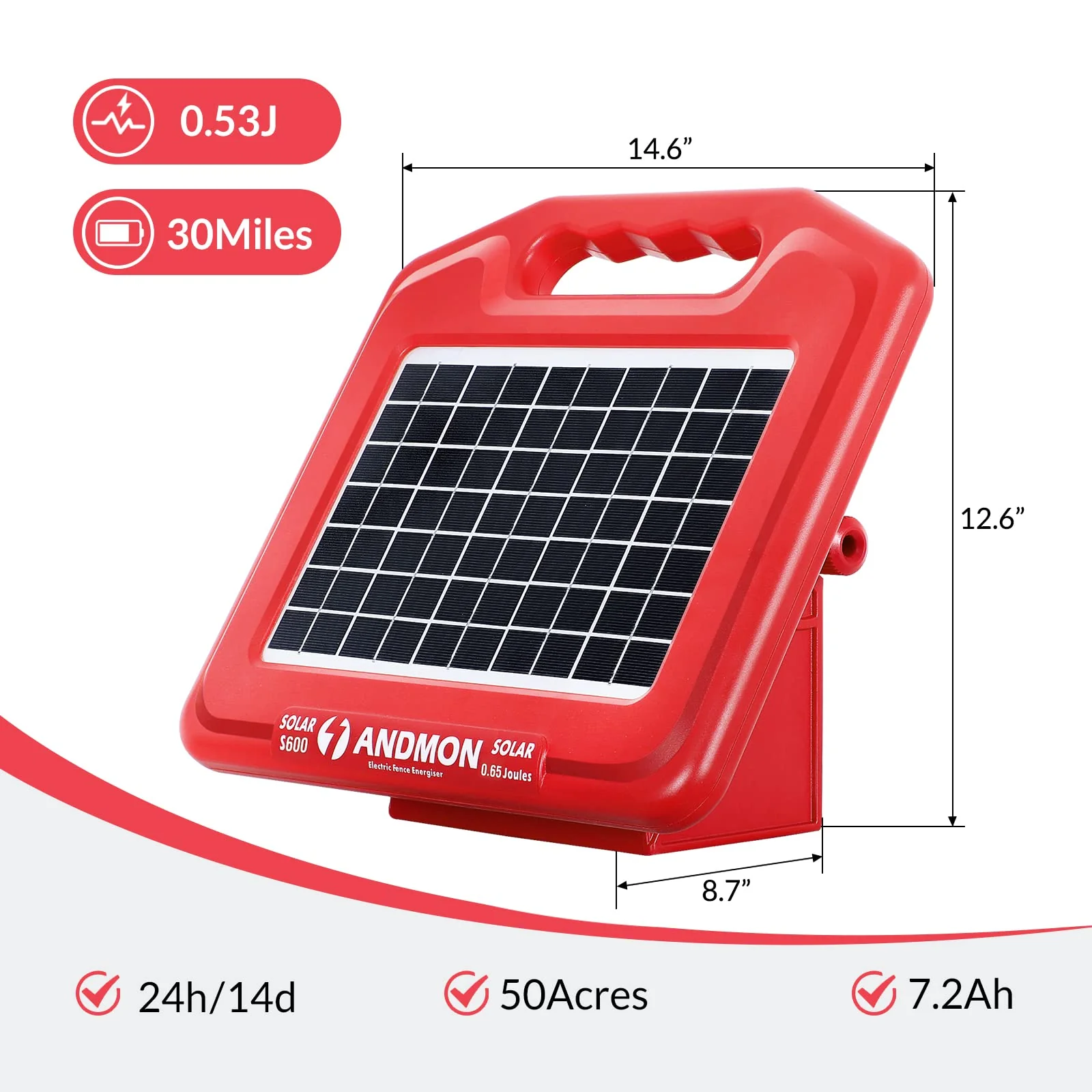 ANDMON 30 Miles Solar Fence Charger with Dual Input - UZIS Sports