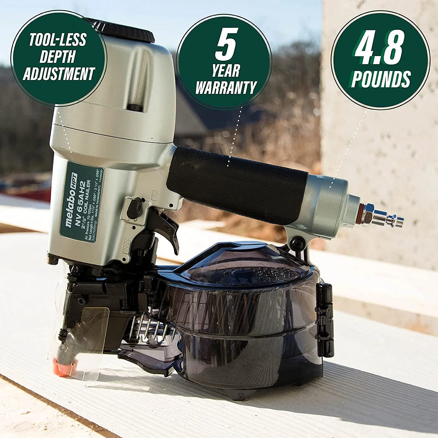 Metabo HPT Coil Siding Nailer, 1-1/2 inch to 2-1/2 inch Siding Nails, Side load, Tilt Bottom Magazine NV65AH2 - UZIS Sports