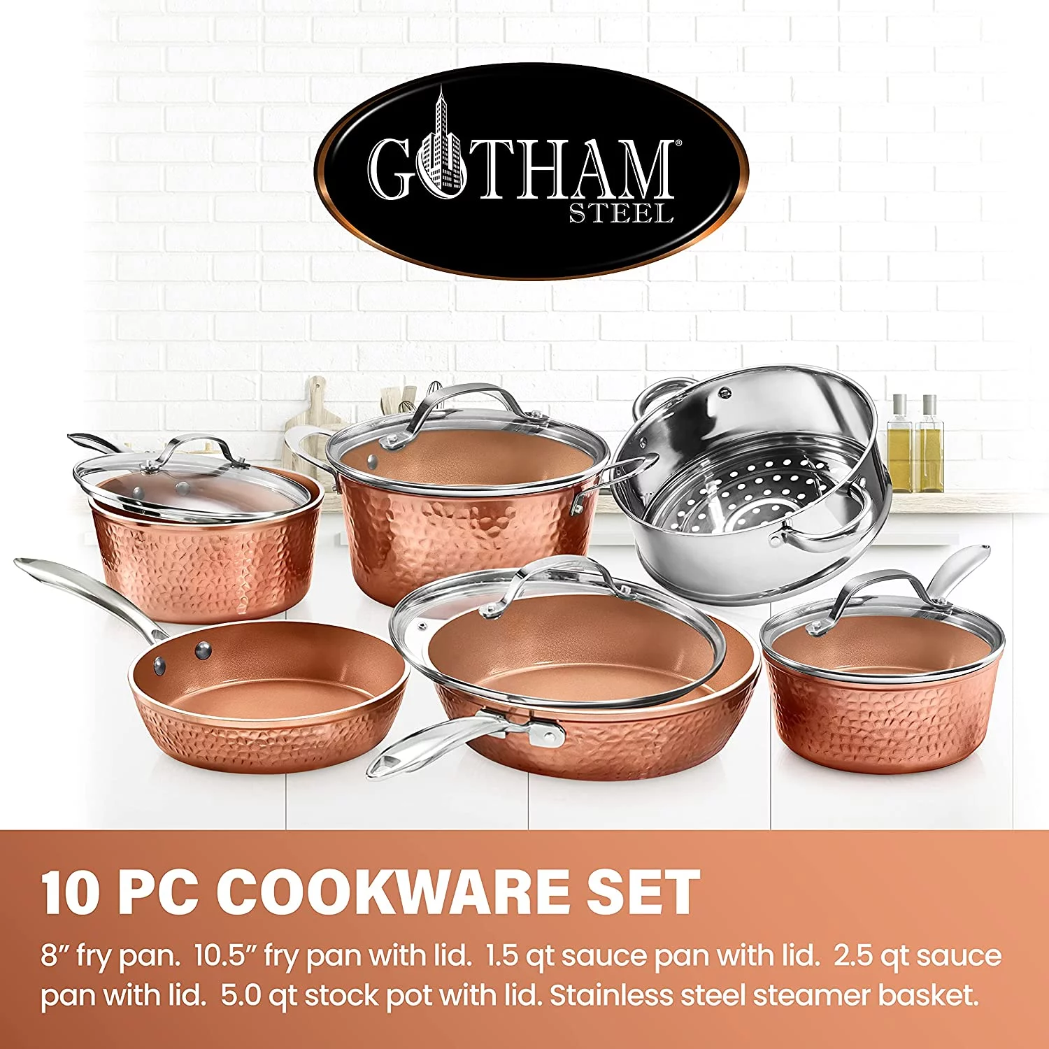 Gotham Steel Hammered Collection Pots and Pans Set, 10-Piece Premium Cookware Set with Nonstick Coating, Dishwasher and Oven Safe, Copper - UZIS Sports
