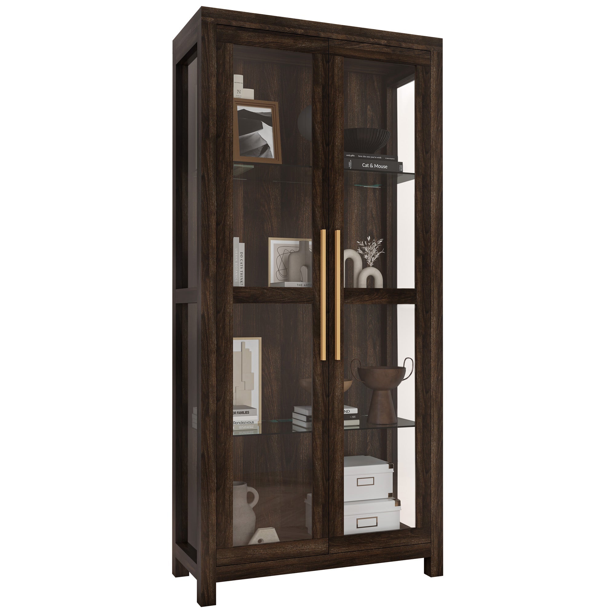 BELLEZE Tall Display Cabinet with Tempered Glass Doors - Modern Storage Bookshelf for Living Room & Bedroom, Wood Finish - UZIS Sports